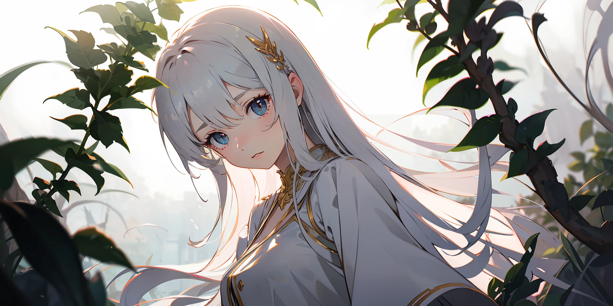 Cinematic Effects, Fancy Effects, Intricate Details, Solo, 1 Maiden, (2D + Crooked Bob: 1.2), Delicate Eyes, Dress, Garden, Ultra Wide Angle Lens, Sunlight, Light and Shadow, Religious, Holy, White and Tender Complexion, Quiet ,,,, Afternoon, Long Hair, Purity