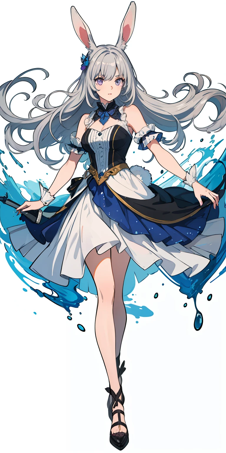 (Masterpiece: 1.2, highest quality), (Beautiful eyes of detail: 1.2), (Highly detailed CG Unity 8k wallpaper, masterpiece, highest quality, super detail, best shadows), (Detailed background), (Beautiful detailed face, beautiful detailed eyes), high contrast, (best lighting, very delicate and beautiful), 1girl, ((Splashing of colorful paint, dulux,, on transparent background)), dynamic angle, Beautiful detailed shine, full body, cowboy shot, gray hair, purple eyes, rabbit ears girl
