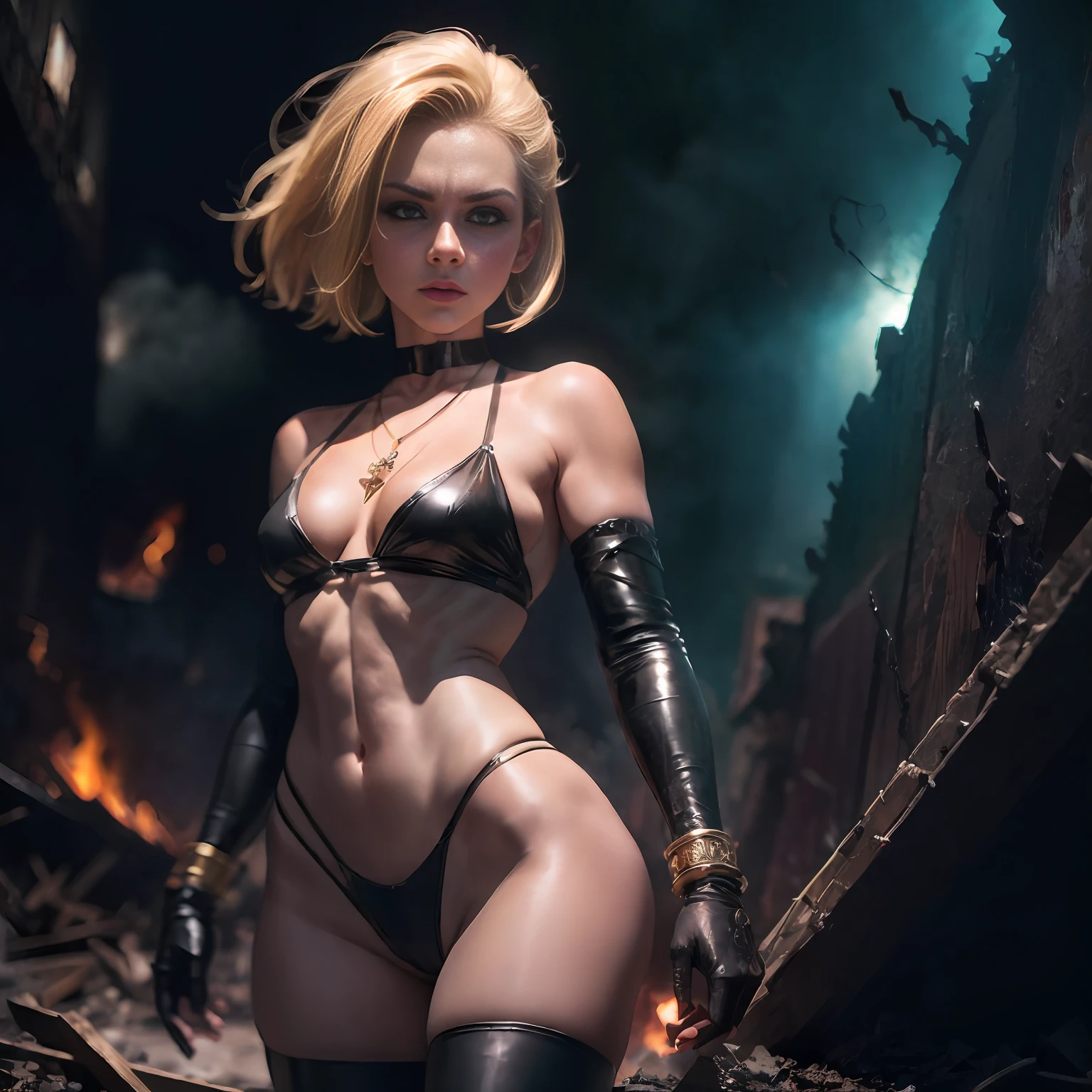 "(((Masterpiece)))), best quality, ultra-detailed CG unit 8k wallpaper, representing Android 18 of Dragon Ball Z
in a ruined city, standing, light blonde hair, defined jaw, beautiful lips, scantily clad warrior, tiny red thong, small breasts, generous neckline, black gloves, necklace, bracelet, destruction and chaos, smoke, fire, ruins, dust, intense shadows, dramatic lighting, grumpy atmosphere, cinematic finish"