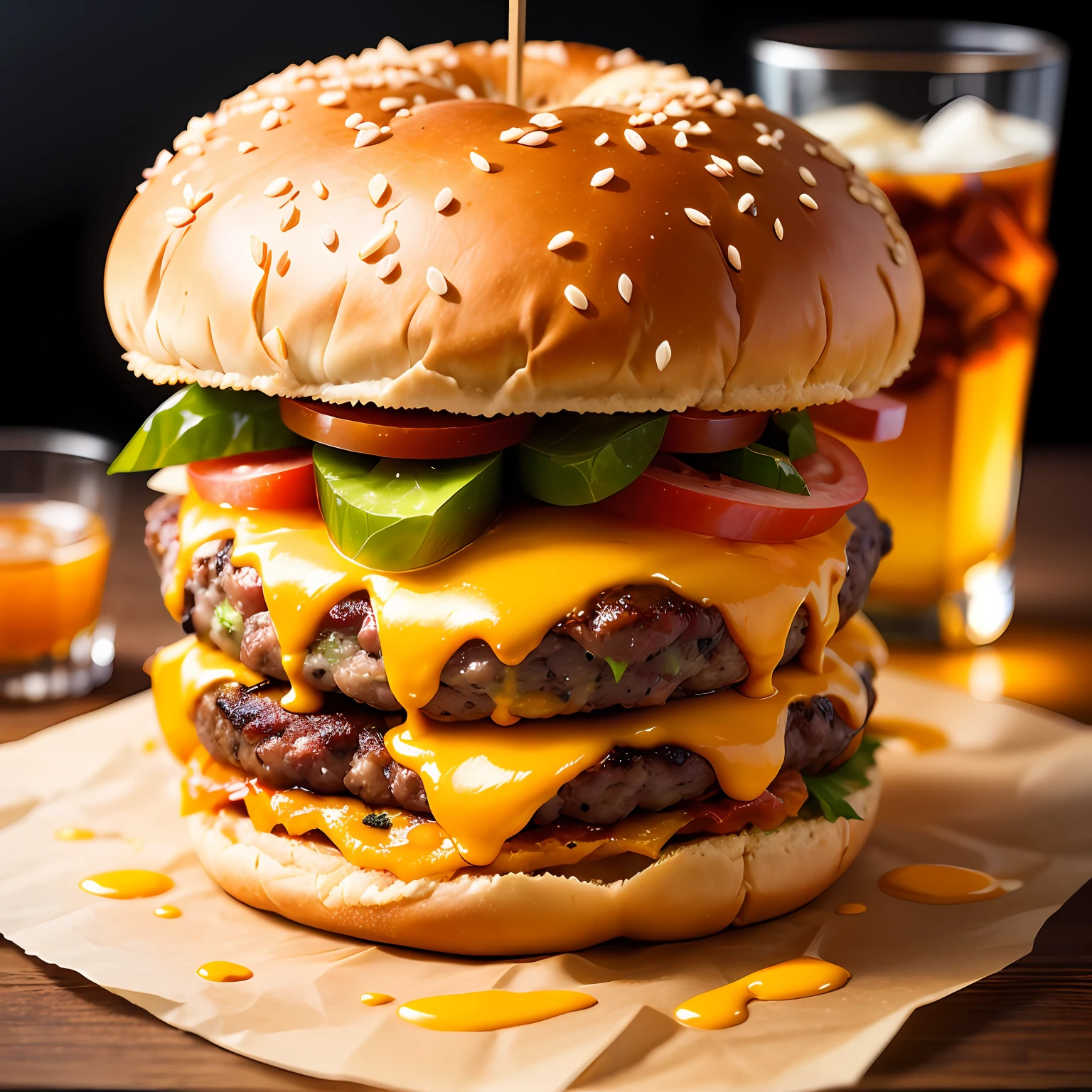 a delicious triple meat burger with bacon and yellow cheese, accompanied with a glass of whiskey on the rocks --auto