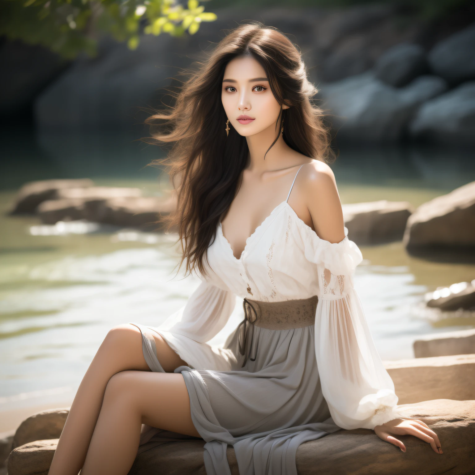 (Top quality, 8K, masterpiece,: 1.3), beautiful woman with perfect figure, the most delicate Chinese sexual beauty, black straight long hair, the most delicate, regular facial features, the most beautiful girl, bare shoulders, beautiful girl sitting on the shore, soft, dreamy quality, light white and dark brown, exaggerated features, solid color, frank holly, light gray and light brown, natural moving, realistic, super high resolution, real photo sense
