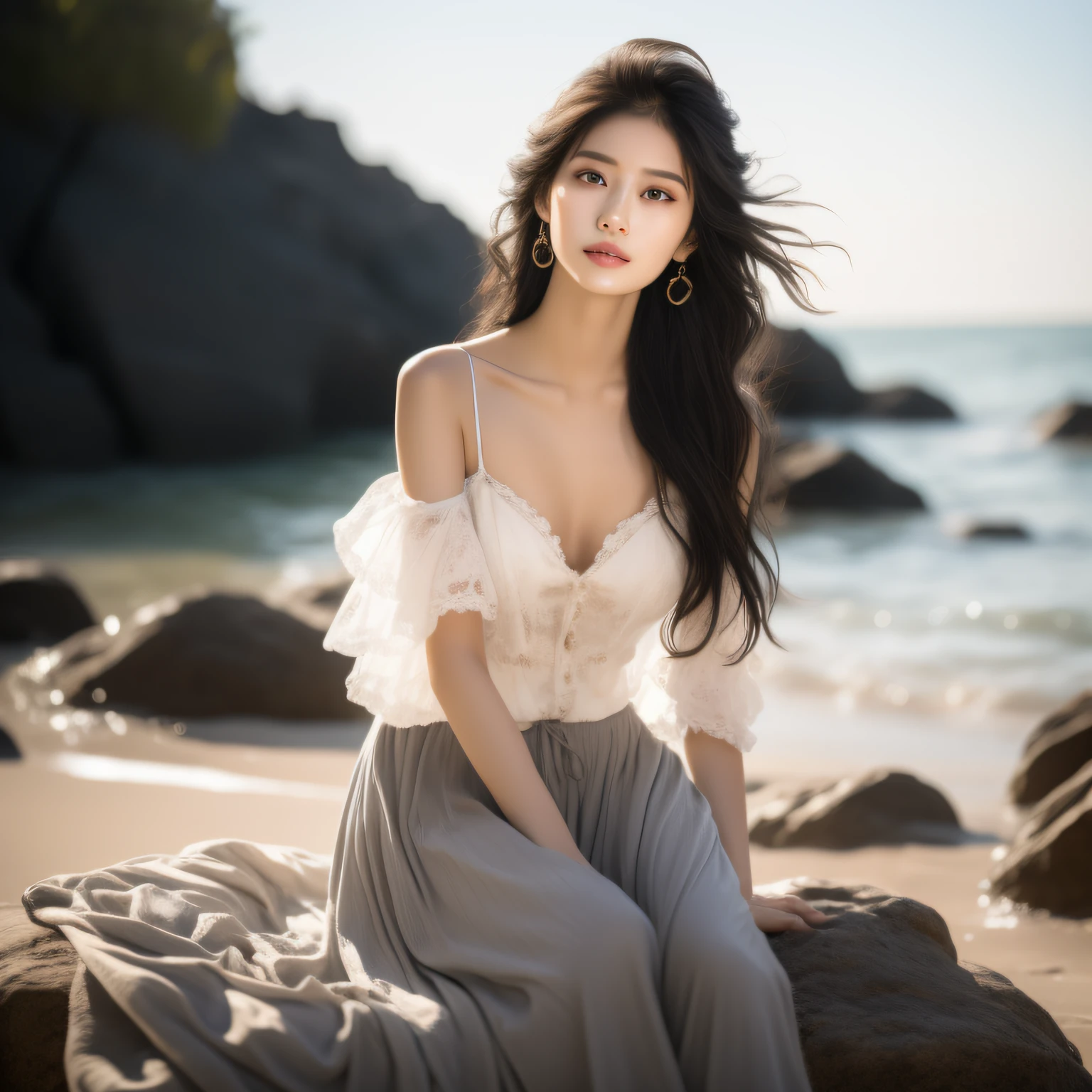 (Top quality, 8K, masterpiece,: 1.3), beautiful woman with perfect figure, the most delicate Chinese sexual beauty, black straight long hair, the most delicate, regular facial features, the most beautiful girl, bare shoulders, beautiful girl sitting on the shore, soft, dreamy quality, light white and dark brown, exaggerated features, solid color, frank holly, light gray and light brown, natural moving, realistic, super high resolution, real photo sense