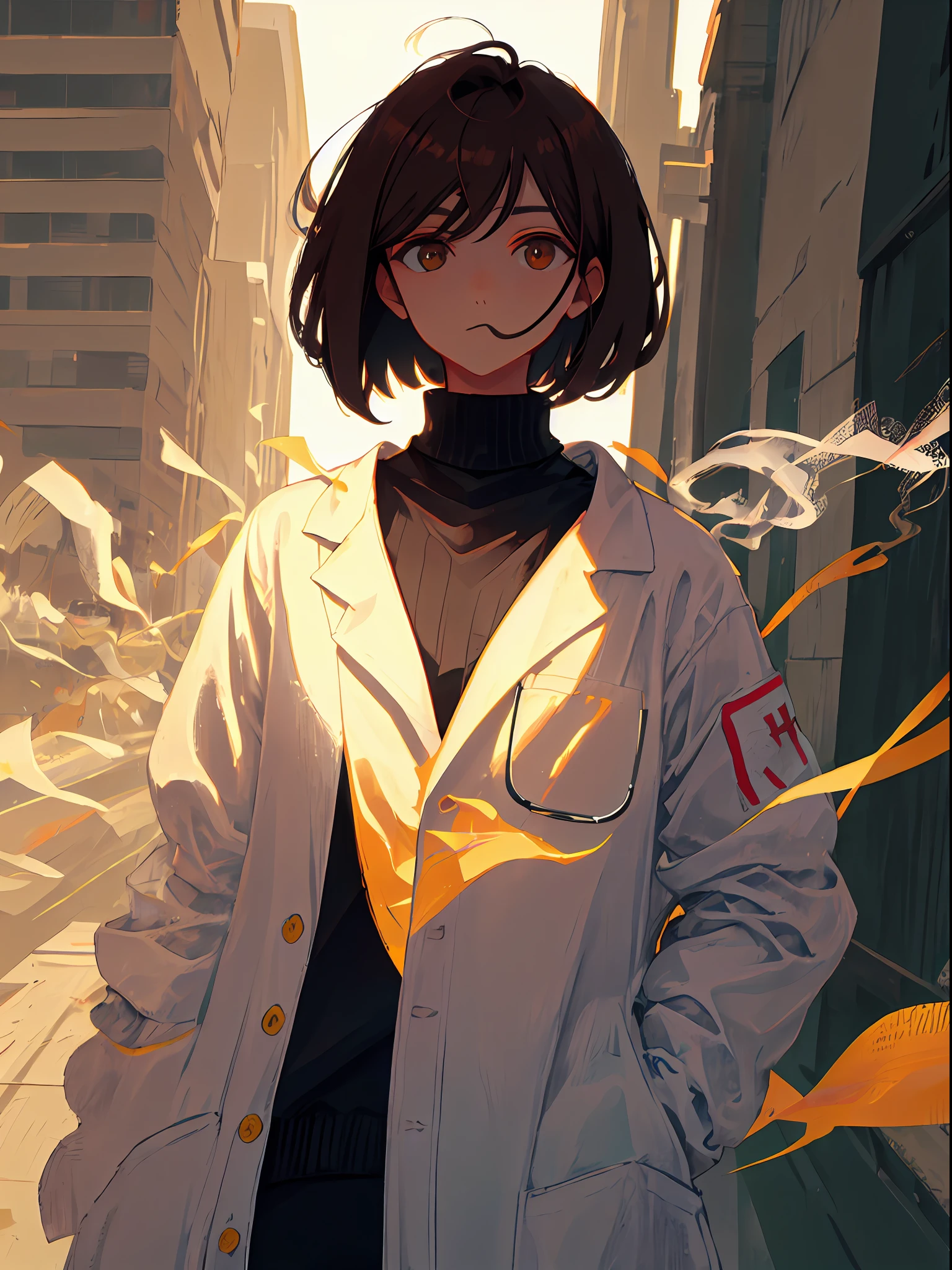 girl, brown hair, brown eyes, beautiful eyes, short cut, bob hair, bangs flowing sideways, sagging eyes, easy face, smoking cigarette, calm face, black turtleneck sweater, doctor's lab coat, upper body,