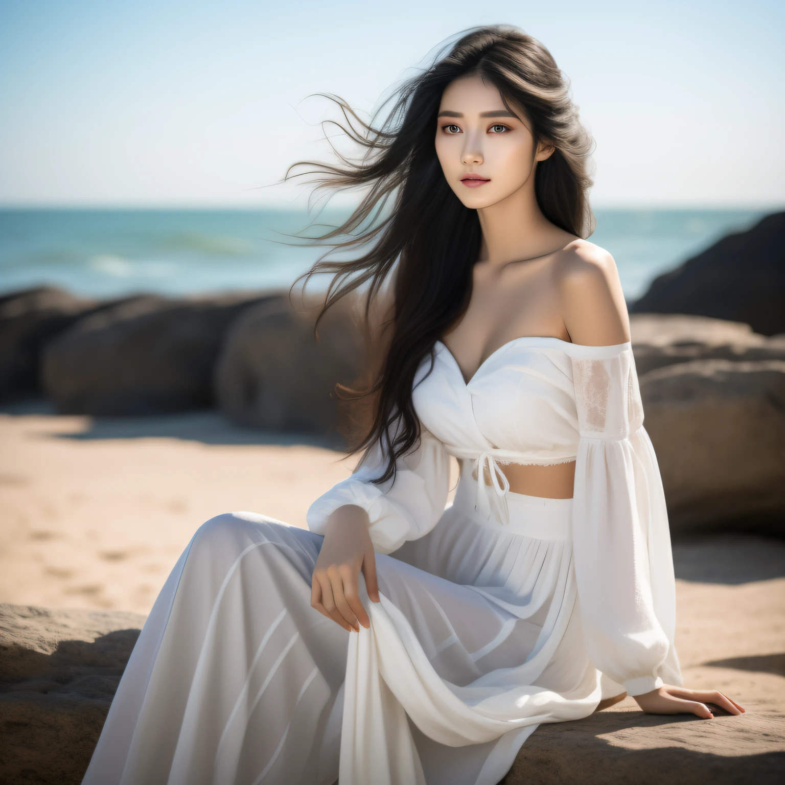 （顶级质量，8K，杰作，：1.3），漂亮女人与完美的身材，A most exquisite Chinese human beauty, long straight black hair, most exquisite, regular features, most beautiful girl, off-the-shoulder, beautiful girl sitting on the shore, soft, dreamlike quality, light white and dark brown, exaggerated features, solid color, frank Holly, light gray and light brown，自然动人，realistic，Ultra high Resolution