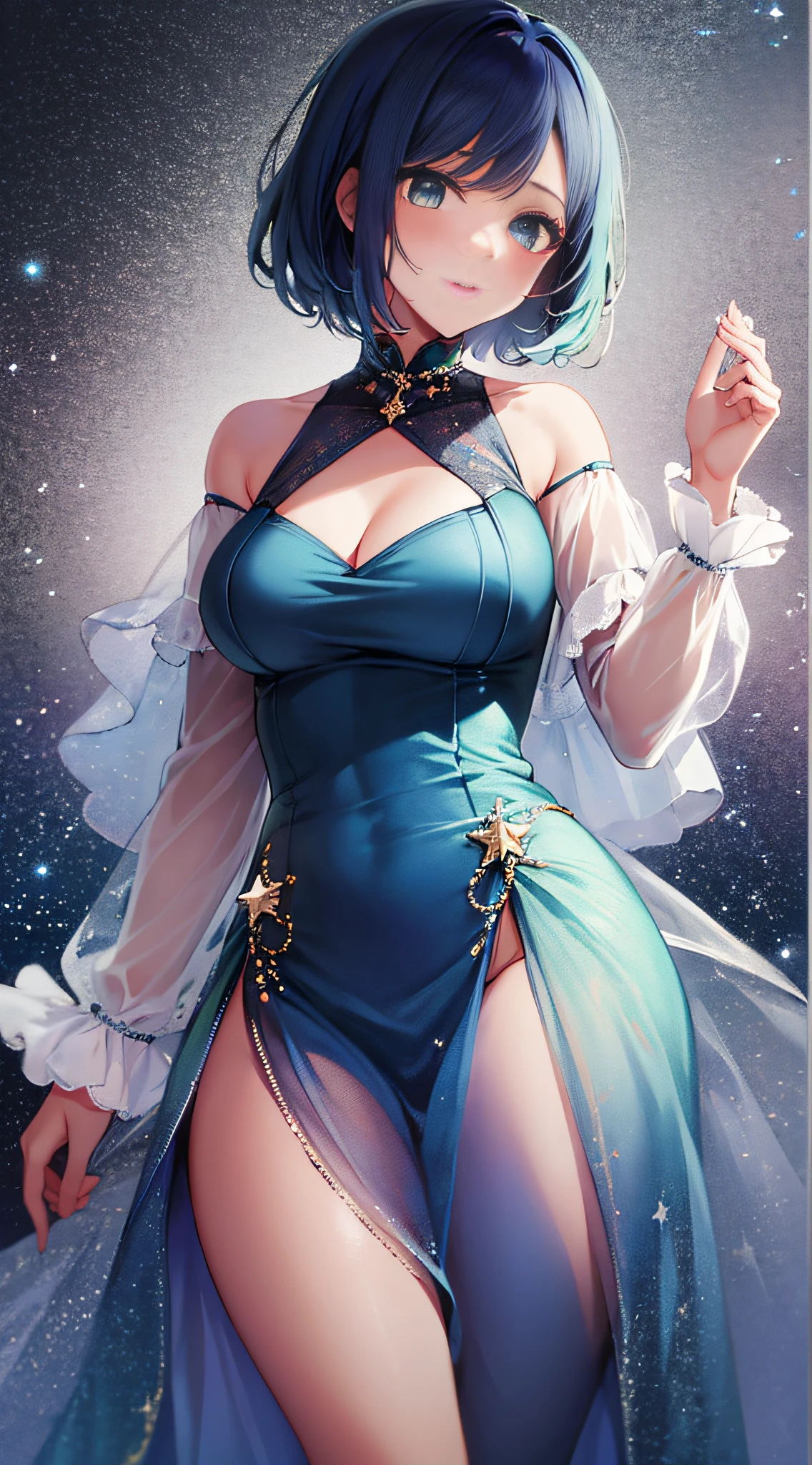 masterpiece, high quality, 8k, beautiful lighting, 1girl, solo, akane, stars simple background, upper body, see-through sleeves, dress, blue dress