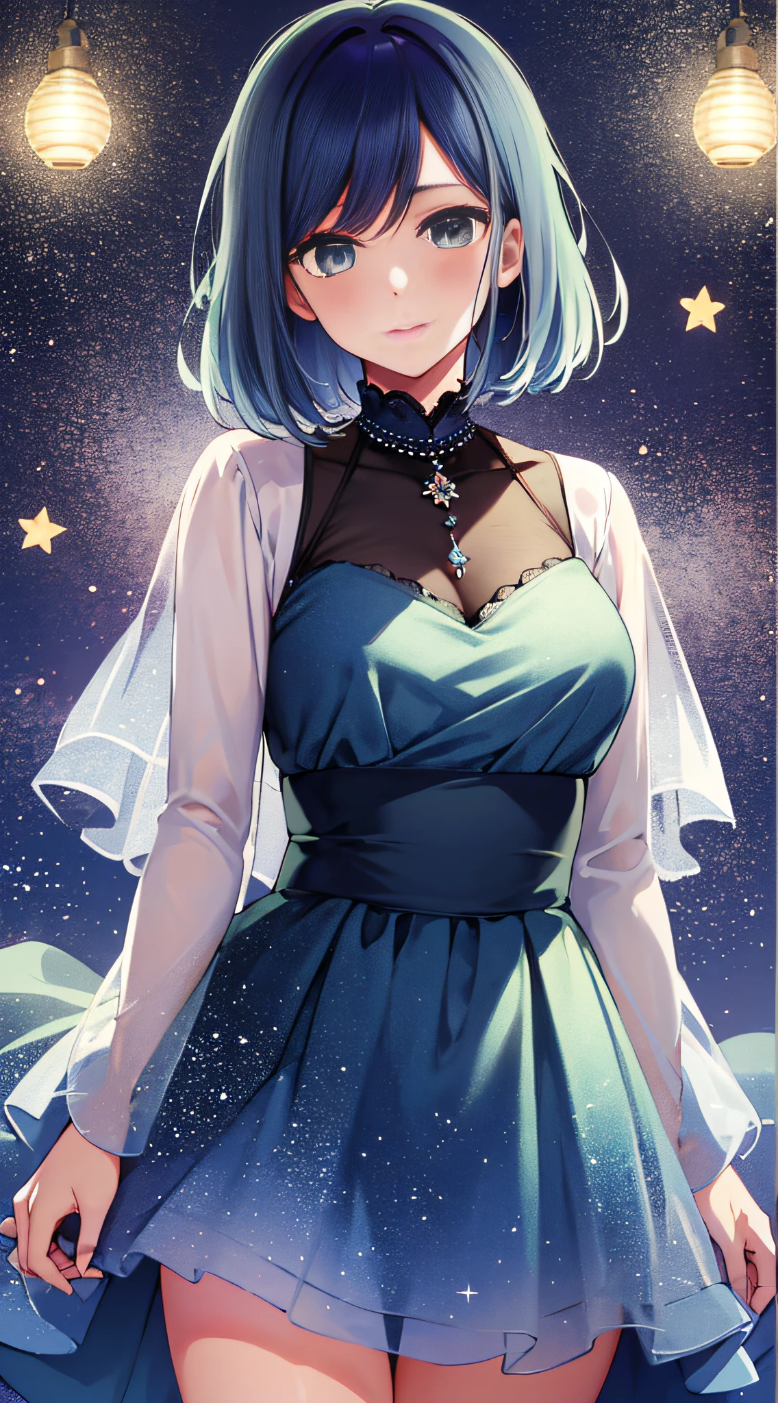 masterpiece, high quality, 8k, beautiful lighting, 1girl, solo, akane, stars simple background, upper body, see-through sleeves, dress, blue dress