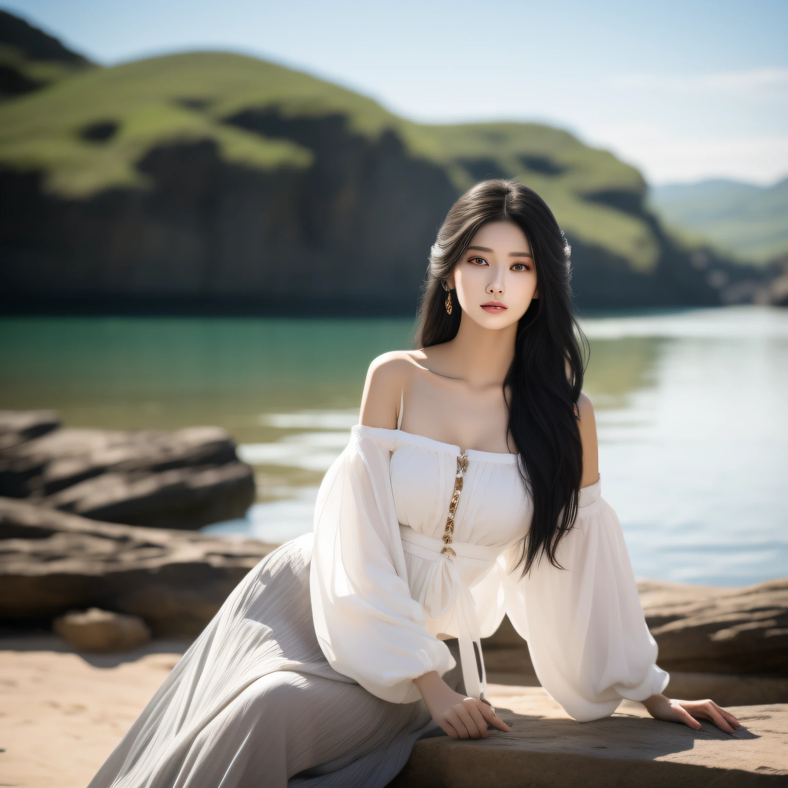 A most exquisite Chinese human beauty, long straight black hair, most exquisite, regular features, most beautiful girl, off-the-shoulder, beautiful girl sitting on the shore, soft, dreamlike quality, light white and dark brown, exaggerated features, solid color, frank Holly, light gray and light brown，realistic，Ultra high Resolution