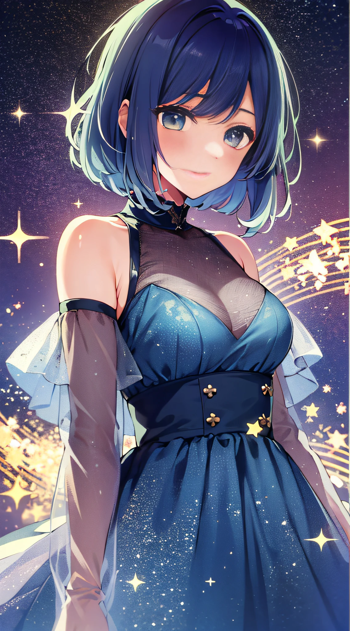 masterpiece, high quality, 8k, beautiful lighting, 1girl, solo, akane, stars simple background,   upper body, see-through sleeves, dress, blue dress