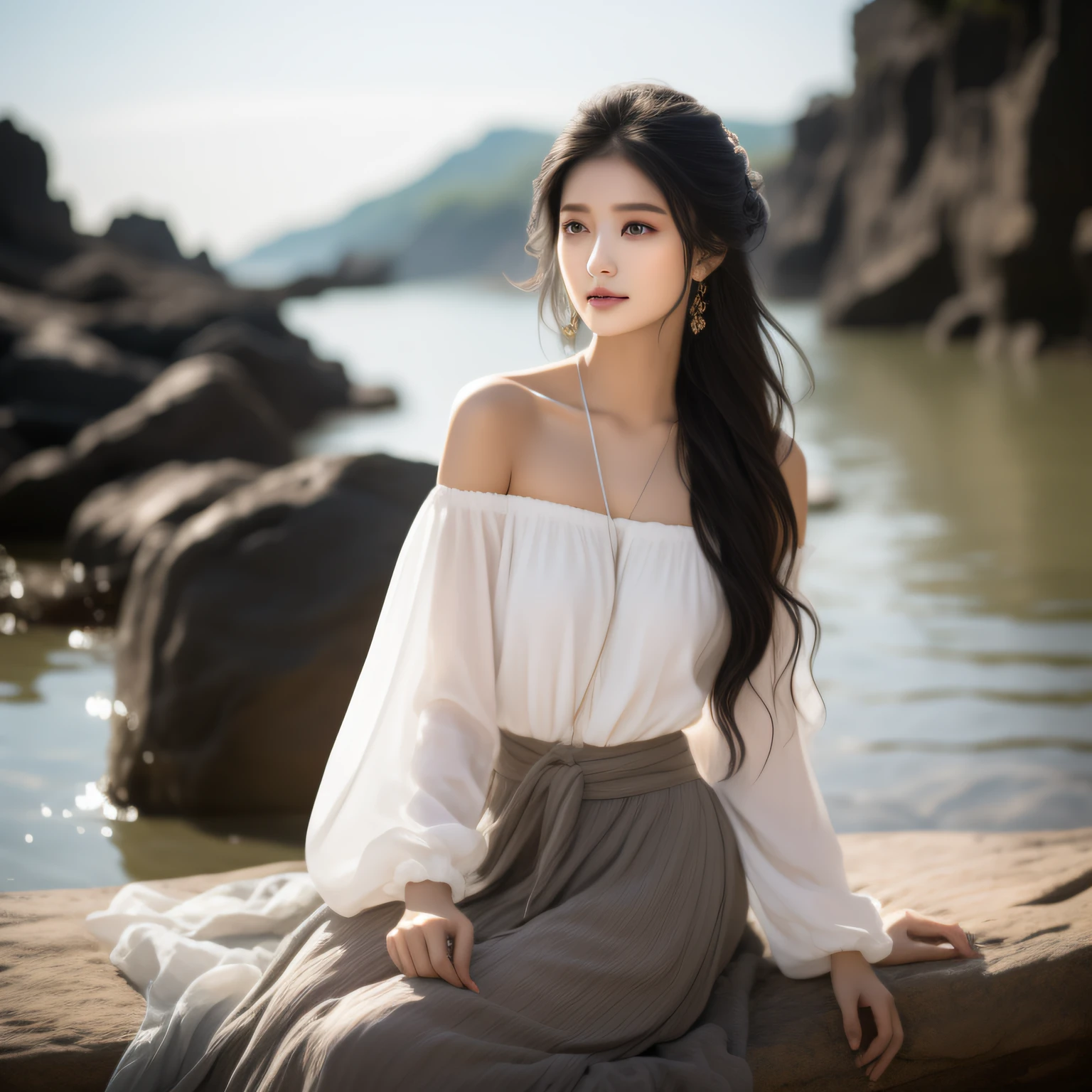 A most exquisite Chinese human beauty, long straight black hair, most exquisite, regular features, most beautiful girl, off-the-shoulder, beautiful girl sitting on the shore, soft, dreamlike quality, light white and dark brown, exaggerated features, solid color, frank Holly, light gray and light brown，realistic，Ultra high Resolution