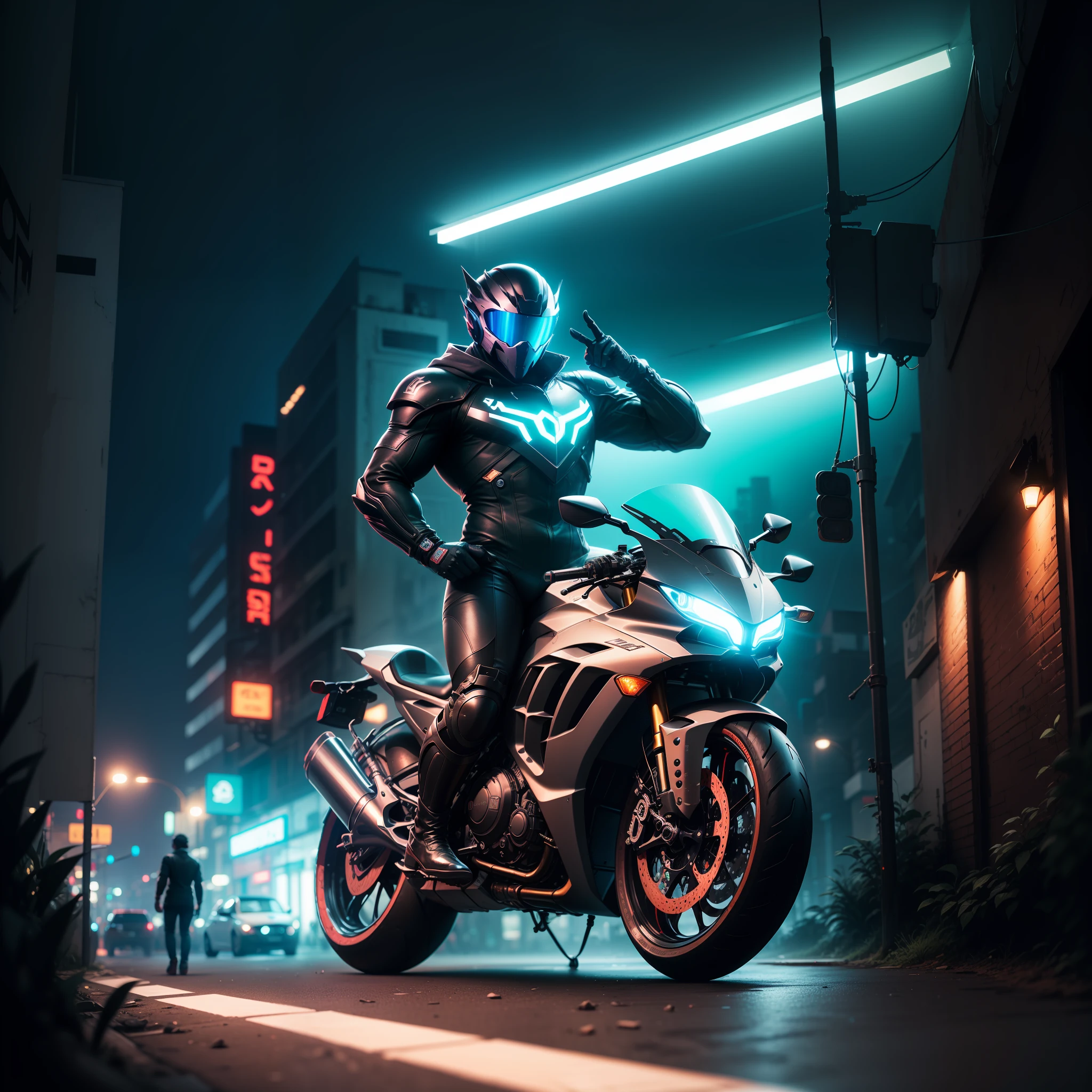 A unreal super bike and car in syberpunk street unreal neon lighting unreal ultra syberpunk sky