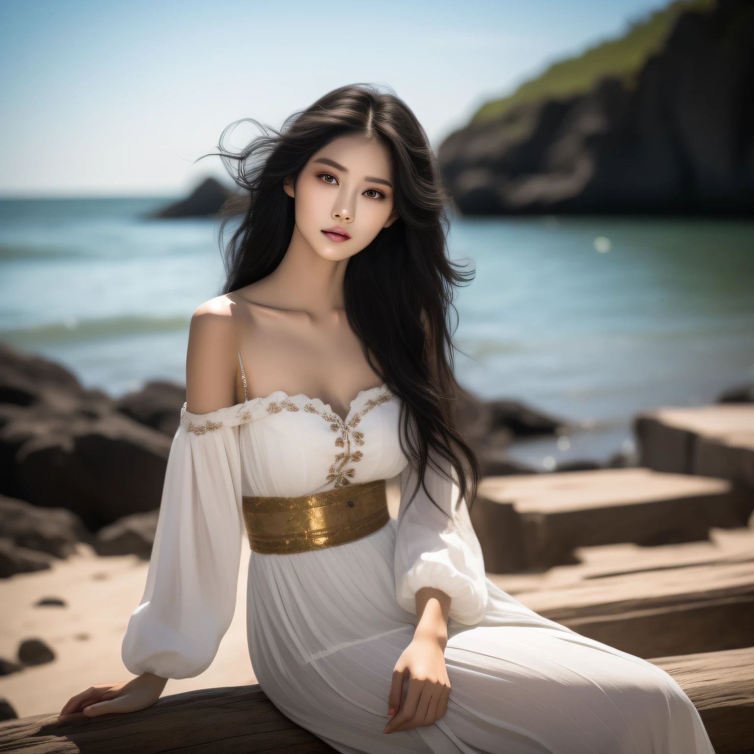 A most exquisite Chinese human beauty, long straight black hair, most exquisite, regular features, most beautiful girl, off-the-shoulder, beautiful girl sitting on the shore, soft, dreamlike quality, light white and dark brown, exaggerated features, solid color, frank Holly, light gray and light brown，realistic，Ultra high Resolution