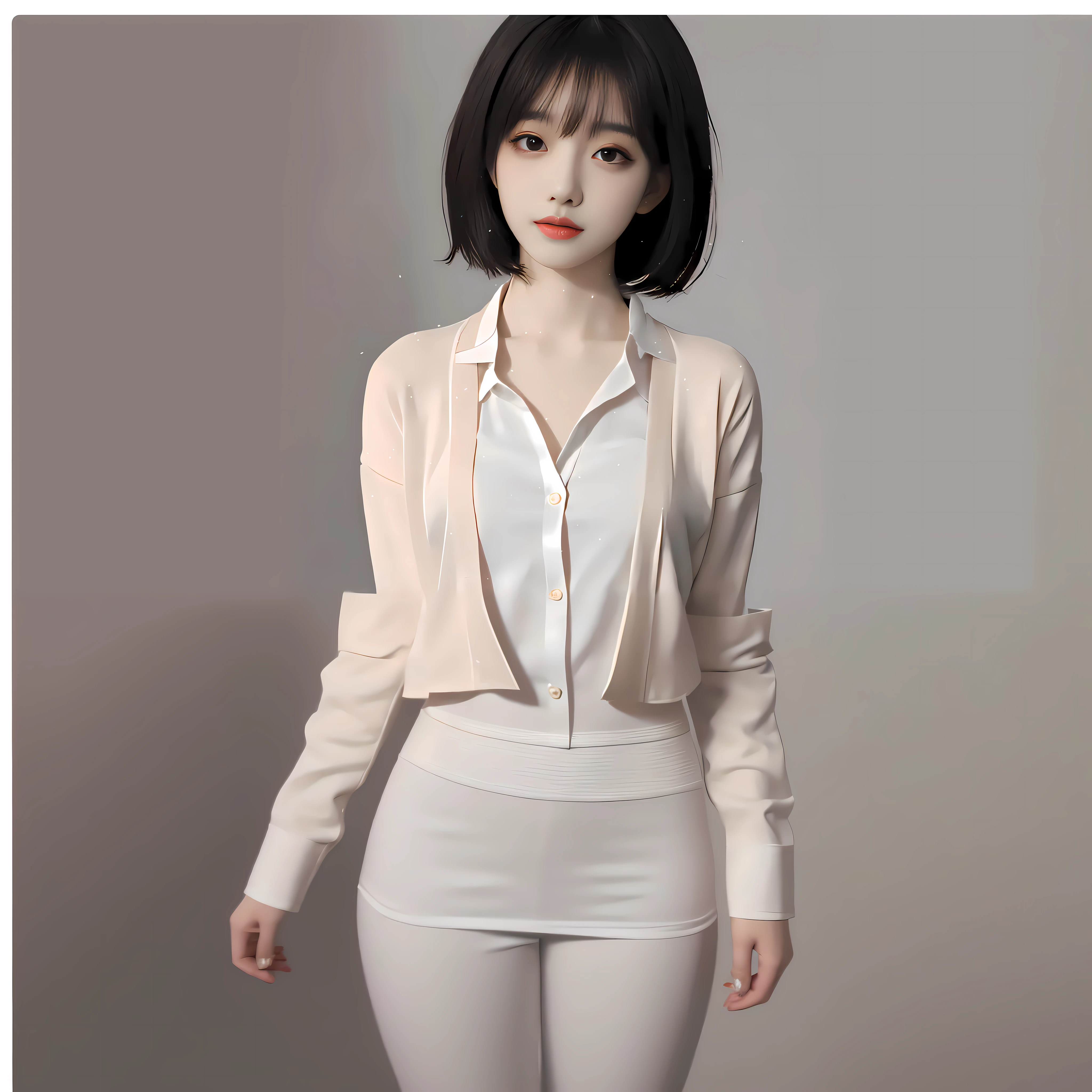 a close up of a woman with a white shirt and a red lipstick, with short hair, korean girl, white hime cut hairstyle, ulzzang, gorgeous young korean woman, realistic anime 3 d style, beautiful young korean woman, with short hair with bangs, korean women's fashion model, smooth white tight clothes suit, beautiful south korean woman, anime girl in real life
