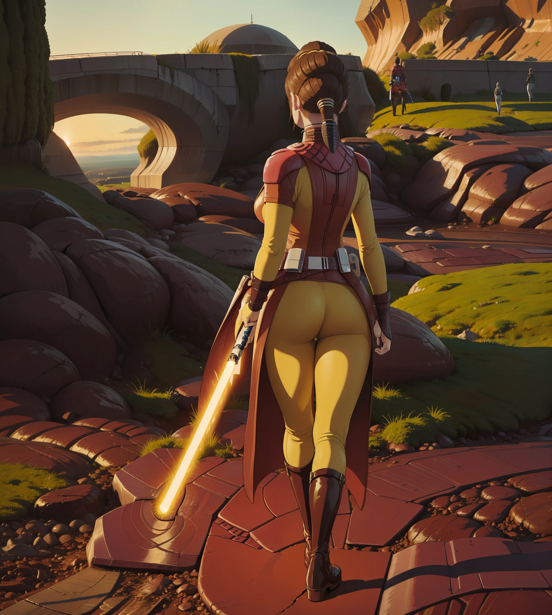 1girl, bastilashan, outfit, boots, skin tight , bangs, lightsaber yellow, view from behind