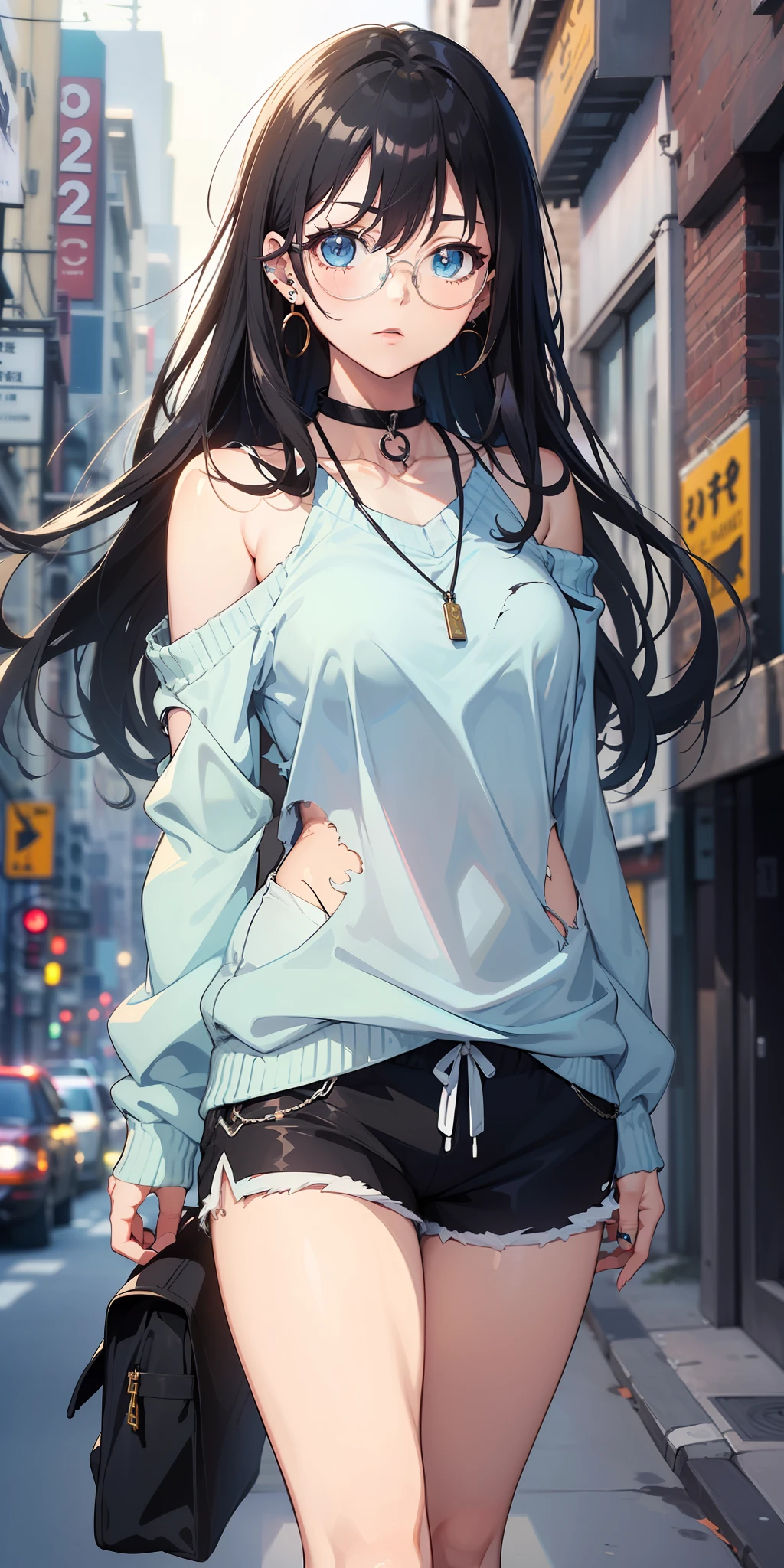((masterpiece)), ((best quality)), ((anime profile style)), a 20 year old girl, ((light blue eyes)), ((perfect)), ((round transparent glasses)) , eyebrow, nose, ear, ((ear piercing)), mouth, ((long black hair messing up)), neck, shoulders, arms, ((sweatshirt)), ((torn short shorts)), ((pants sock )), (neck chain), background scenery