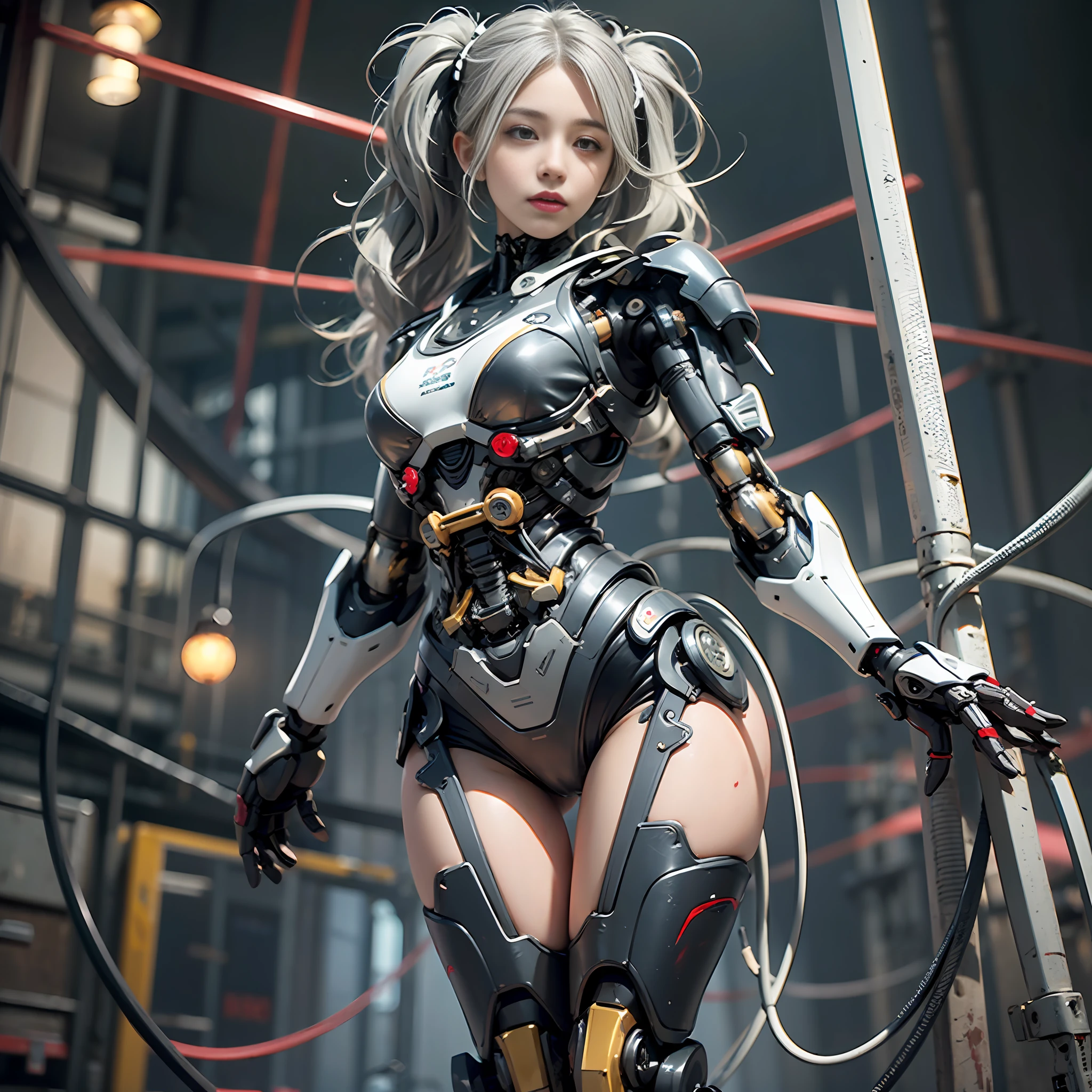 Beautiful Face,face is Japan, 1 Woman, Big, Curvaceous, (16k, RAW photo, top quality, masterpiece: 1.2), (HDR, Realistic, Photorealistic: 1.37) (tube attached to the body), (Bikini Cyborg robot parts)))), (light gray hair), Long hair, Wavy hair, Twin tails, Medium shot, ( Seductive smile)), (black eyes), double eyelids, princess cut, from below, (whole body),posing,,in the lab,( tube connected to blood vessel),((mechanical vertebrae attached to the back)),((mechanical neck attached to the neck)),(wire and cable attached to head and body),(character focus),science fiction,perfect female figure,perfect anatomy, hyperanatomy, full body shot, relationship between up to 4 fingers and 1 thumb, spherical joint,