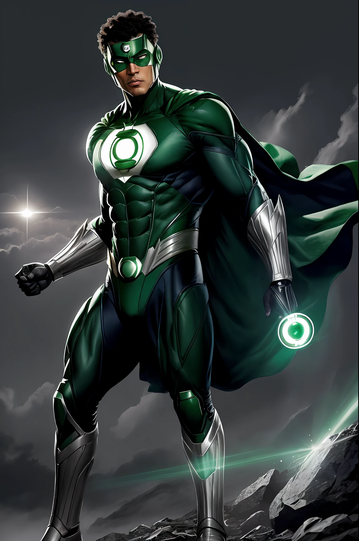 (16k, RAW photo, best quality, masterpiece: 1.2), ultra-detailed, formal art, photorealism: 1.37, upper body photo, Man ((AFRICAN AMERICAN SUPER HERO DC Green Lantern, film grain, action pose