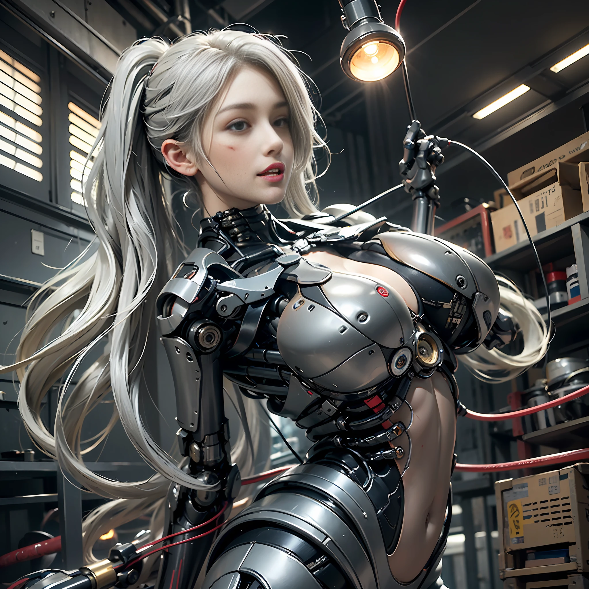 Beautiful Face,face is Japan, 1 Woman, Big, Curvaceous, (16k, RAW photo, top quality, masterpiece: 1.2), (HDR, Realistic, Photorealistic: 1.37) (tube attached to the body), (Bikini Cyborg robot parts)))), (light gray hair), Long hair, Wavy hair, Twin tails, Medium shot, ( Seductive smile)), (black eyes), double eyelids, princess cut, from below, (whole body),posing,,in the lab,( tube connected to blood vessel),((mechanical vertebrae attached to the back)),((mechanical neck attached to the neck)),(wire and cable attached to head and body),(character focus),science fiction,perfect female figure,perfect anatomy, hyperanatomy, full body shot, relationship between up to 4 fingers and 1 thumb, spherical joint,