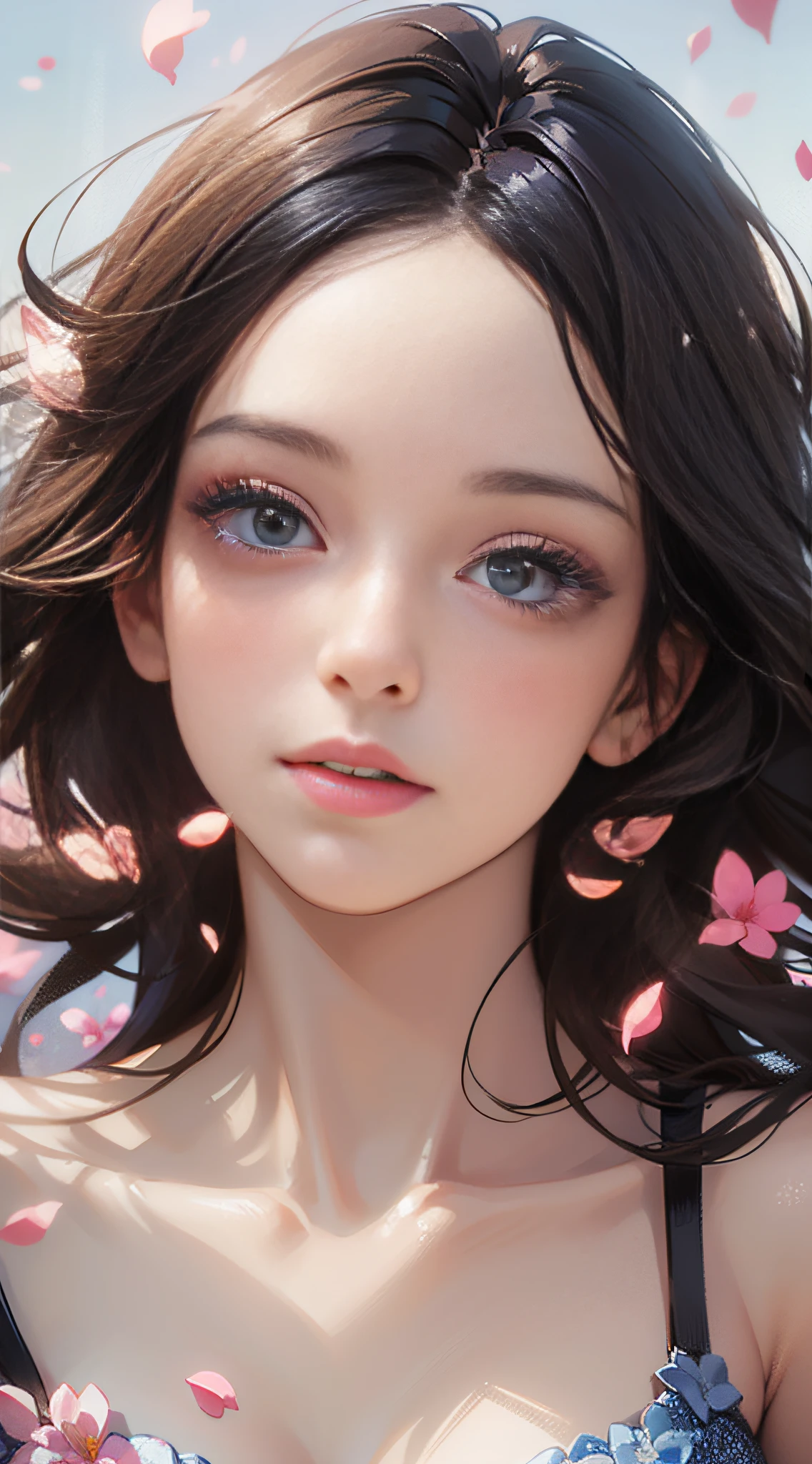 (best quality, masterpiece, ultra-realistic), 1 beautiful and delicate portrait of a girl, playful and cute, with floating petals in the background