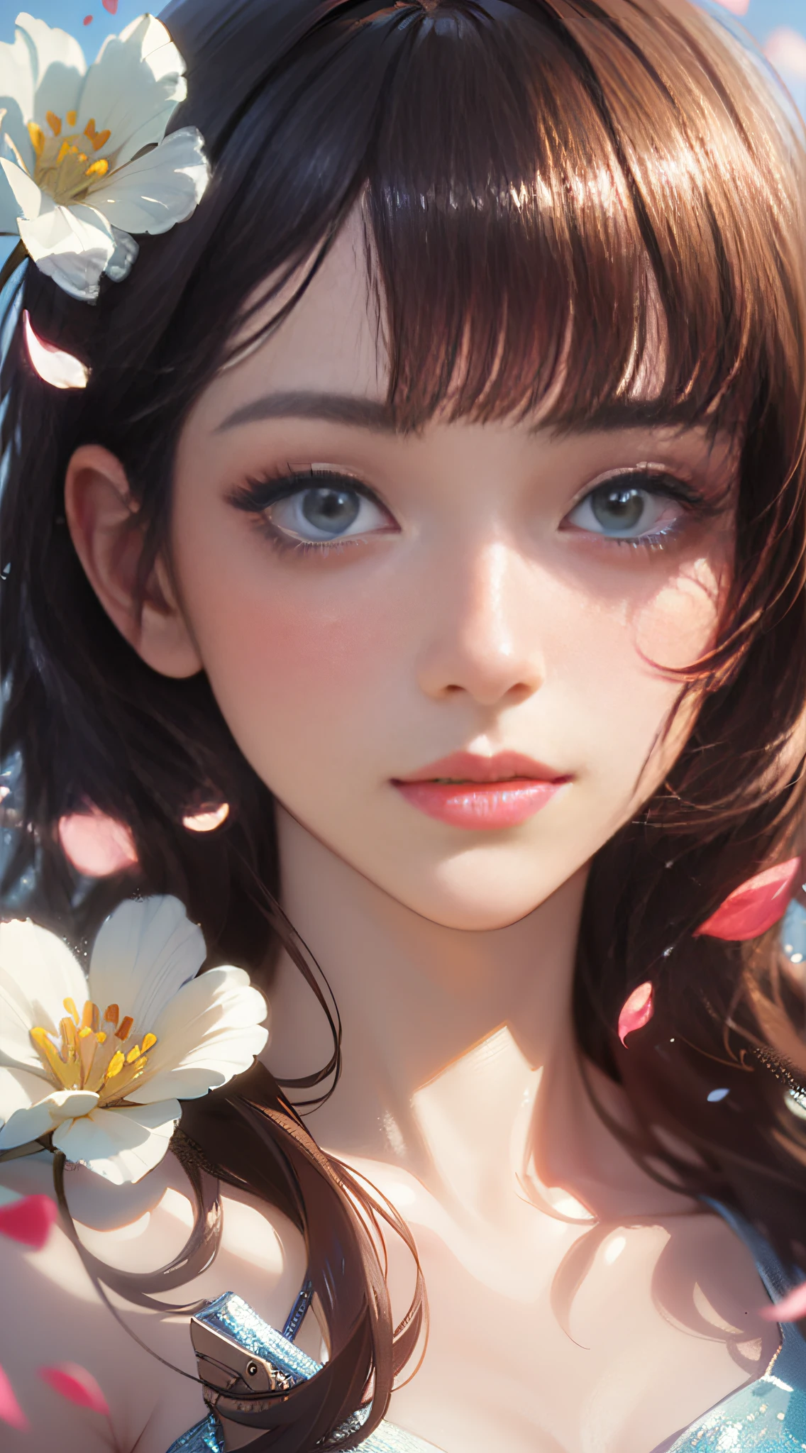 (best quality, masterpiece, ultra-realistic), 1 beautiful and delicate portrait of a girl, playful and cute, with floating petals in the background