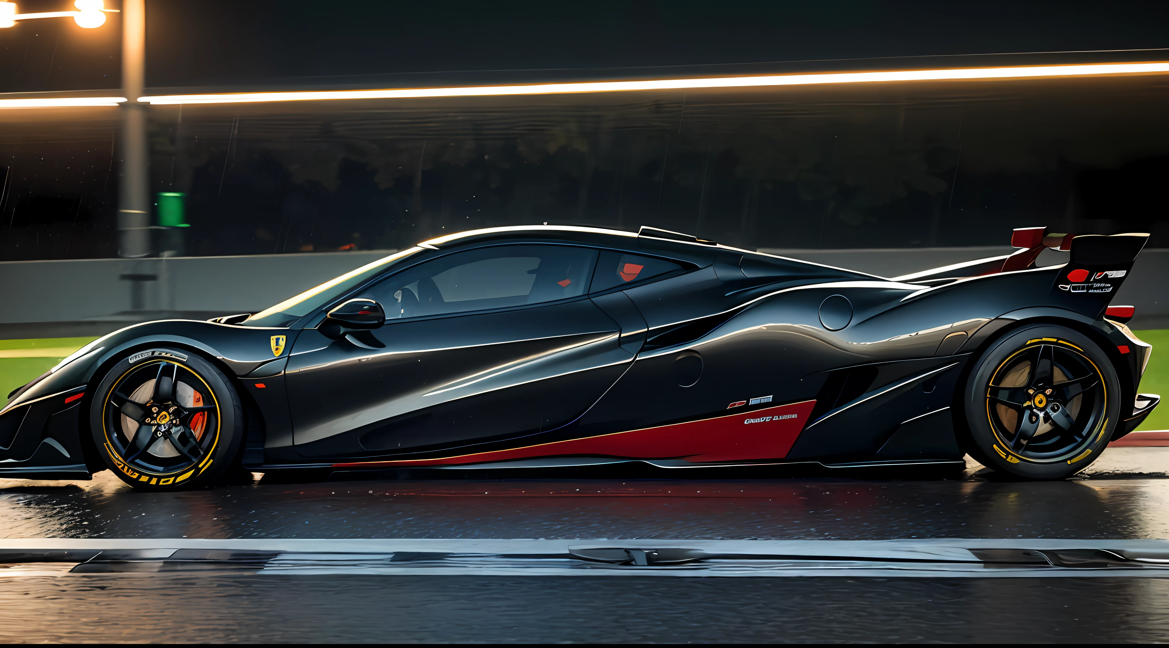 Realism, Stereoscopic, Cinematic lighting, Background motion blur, Dynamic depth of field, Speed, (Focus wheels, Side shot: 1.2), Light and dark, Glow, Reflected light, Motion lines, Shortened, 8K, Ultra detailed, Accurate, Best Quality, (Night Rain: 2.0), Ferrari F1 cars speeding through corners, Real paint, reflective texture, Bright and realistic wheels (One Car Solo:1.5), Solo, Wet Road, in the Crpht-4300 photographic style