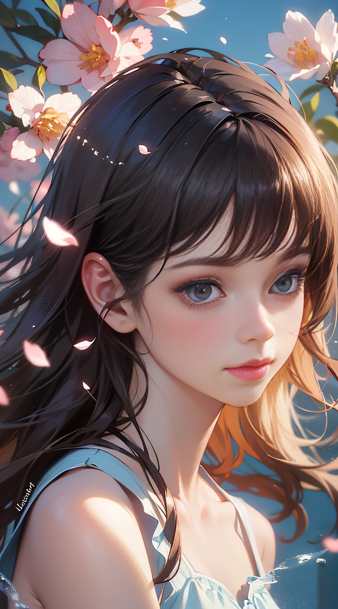 (best quality, masterpiece, ultra-realistic), 1 beautiful and delicate portrait of a girl, playful and cute, with floating petals in the background