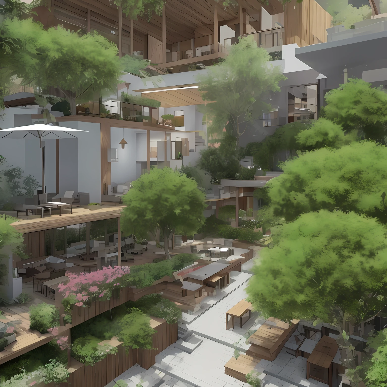 there is a large courtyard with tables and umbrellas in the middle of it, mantra rendering, green terrace, natural realistic render, detailed renderings, a hyper realistic, a photorealistic rendering, enscape render, lush vegetation in the center, lush garden surroundings, highly detailed render, above lush garden and hot spring, insanely detailed rendering, architectural render, realistic fantasy render