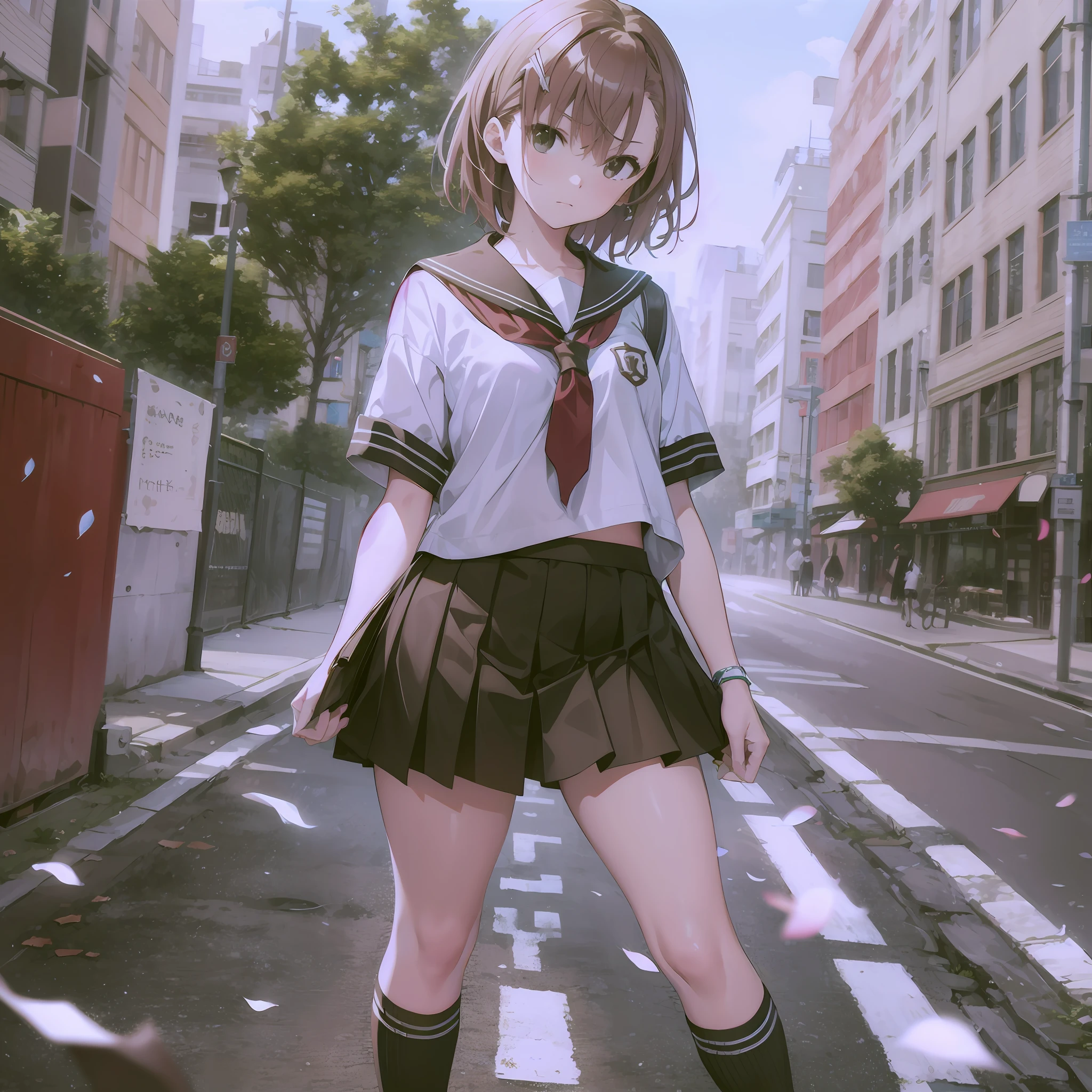 Masterpiece, Best Quality, High Resolution, Misaka Mikoto Beautiful Legs Misaka Mikoto Uniform High School Student Shorts Worn Inside Skirt Super Best Skin White Loose Socks City Road Short Hair Angry