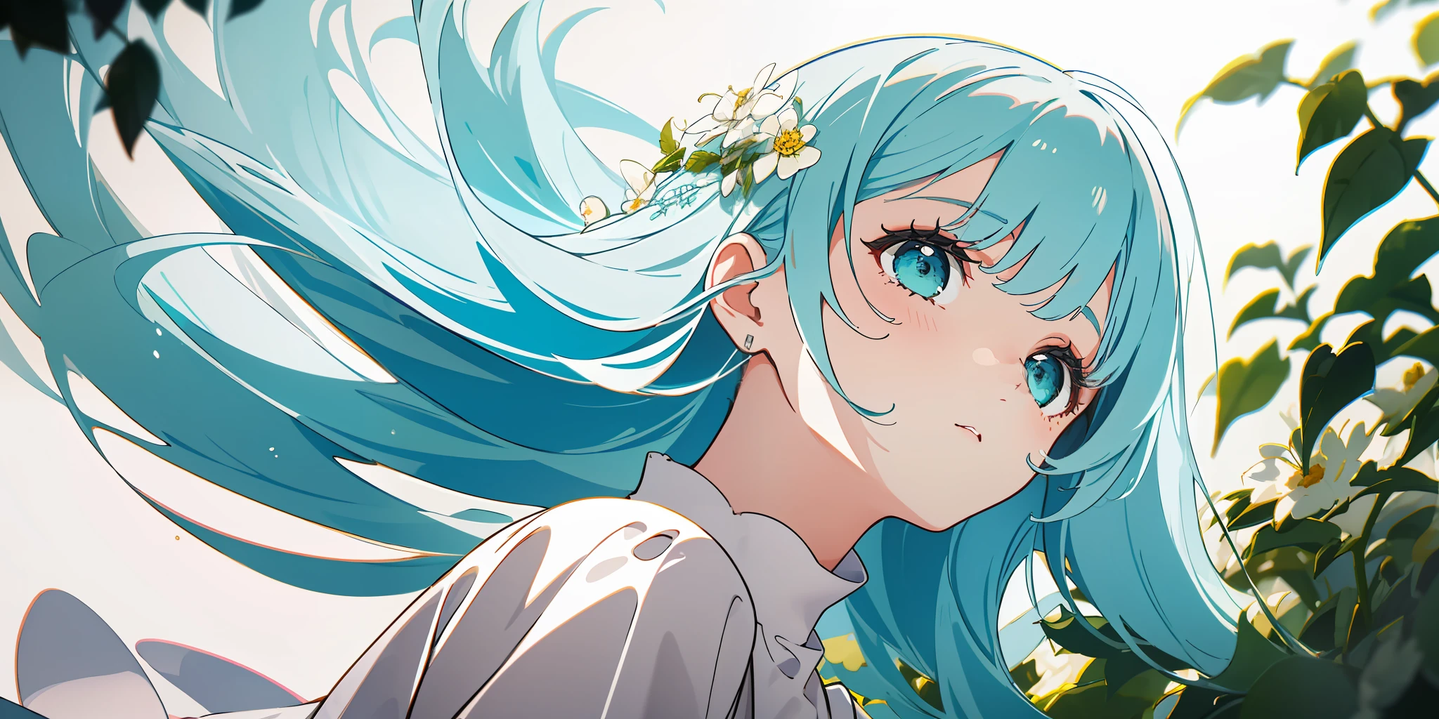 Cinematic effect, fancy effect, intricate details, solo, 1 girl, (2D + crooked Bob: 1.2), delicate eyes, white dress, garden, ultra-wide angle lens, sunlight, light and shadow, devotional, holy, white and tender complexion, quiet afternoon ,,,,, long hair, pure, colorful background, turquoise sky