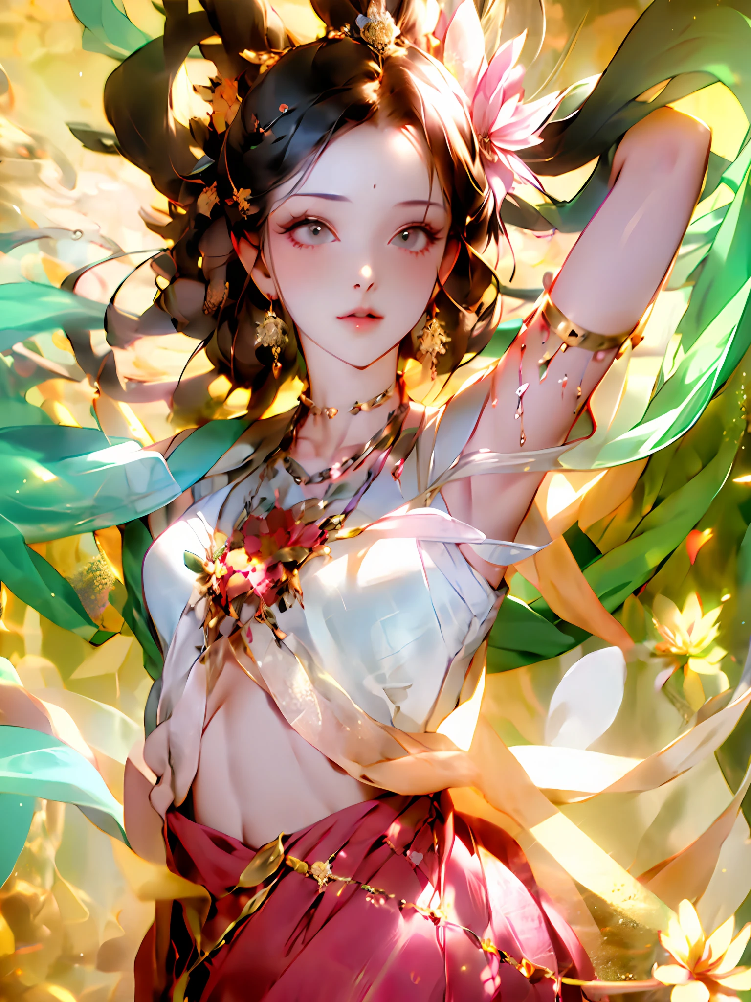 masterpiece, high quality best quality,close up A girl, dancing in the desert oasis, flowers