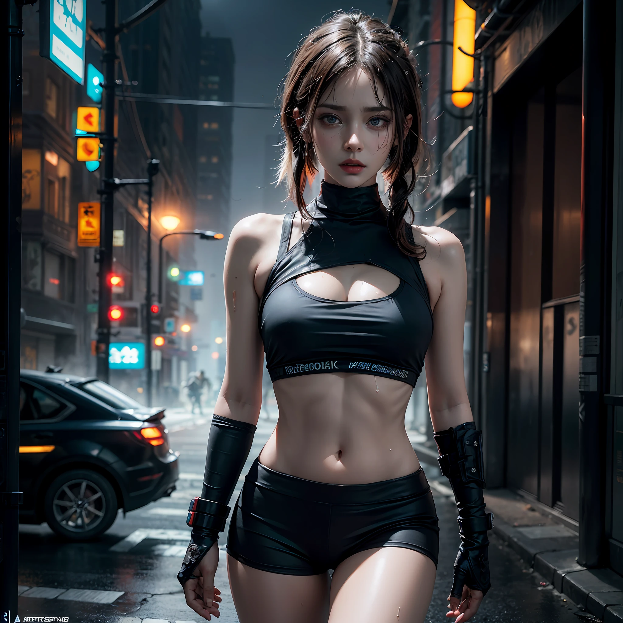 Athletic sexy princess, street angry, cyberpunk, epic realistic, photo, faded, complex stuff around, intricate background, soaking wet, neutral colors, ((((hdr)))), ((((muted colors)))), intricate scene, artstation, intricate details, vignette
