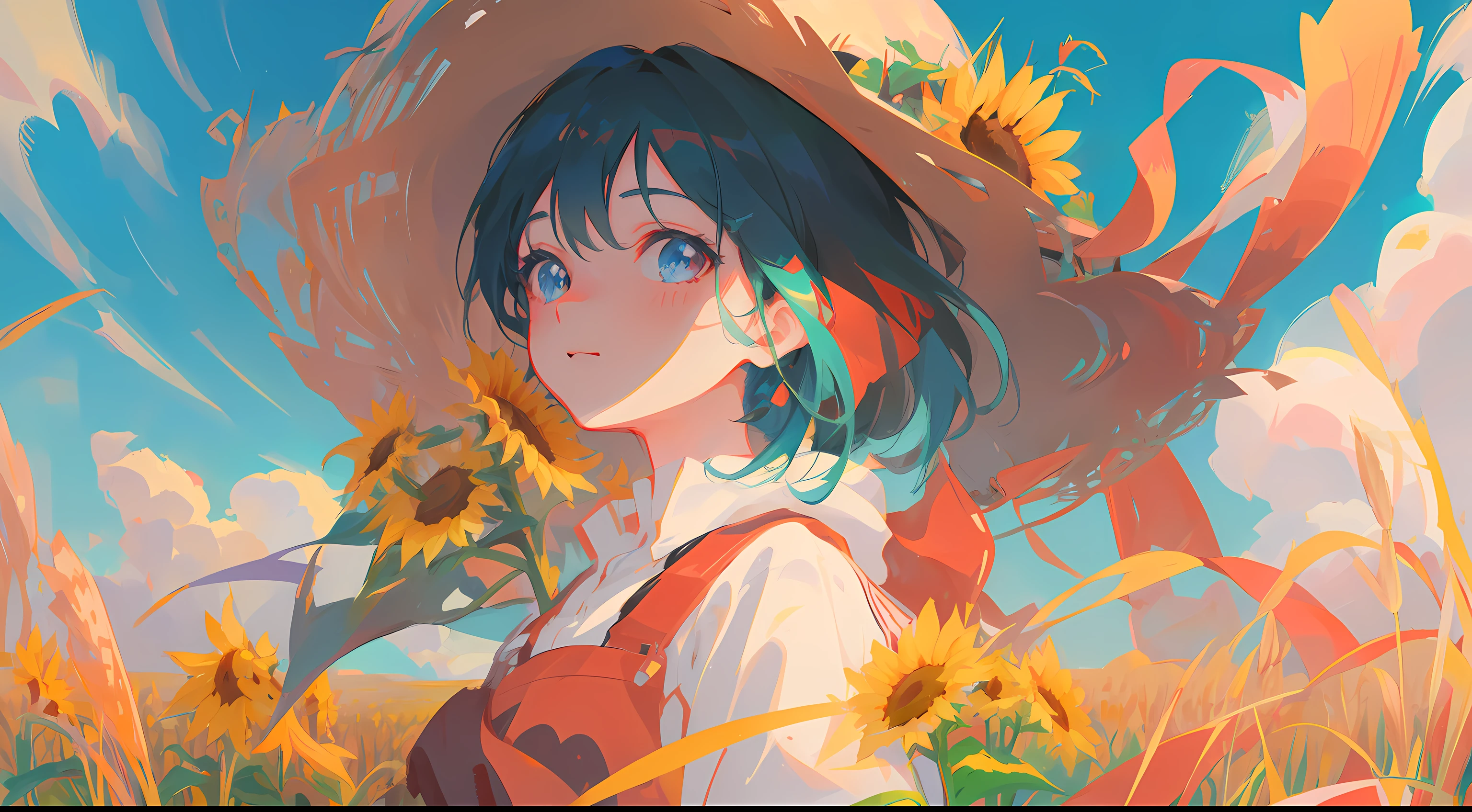 anime girl in a straw hat in a field of wheat, artgerm and atey ghailan, anime visual of a cute girl, beautiful sunflower anime girl, 4 k manga wallpaper, artwork in the style of guweiz, guweiz, anime illustration, she expressing joy, anime art wallpaper 8 k, anime style 4 k, digital anime illustration