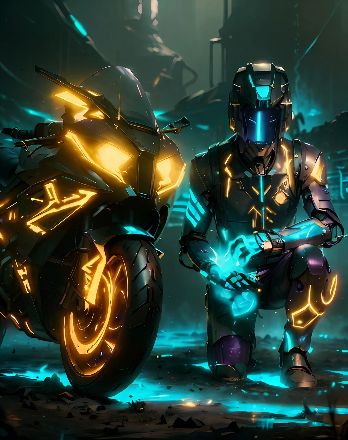 (((purple and gold))), Optimus Prime, (1 mechanical boy), solo, (futuristic motorcycle), underground garage background, mecha helmet, robot, glowing mech, glowing helmet, ((super realistic detail)), portrait, global illumination, shadow, octane rendering, 8k, super sharp, metallic, complex, ornament detailed, cool color, egypt detail, highly complex detail, realistic light, trend in cgsociety, neon detail, mechanical limbs, bloo