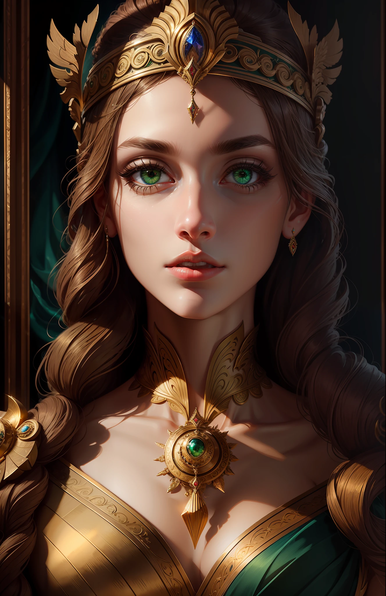 ((best quality)), ((masterpiece)), ((realistic)), Themis, the goddess of justice, green eyes, female face, real aura, trend in artstation, sharp focus, studio photo, intricate detail, very detailed, detailed eye, illustration, very detailed, sharp focus, digital rendering, professional, 4k