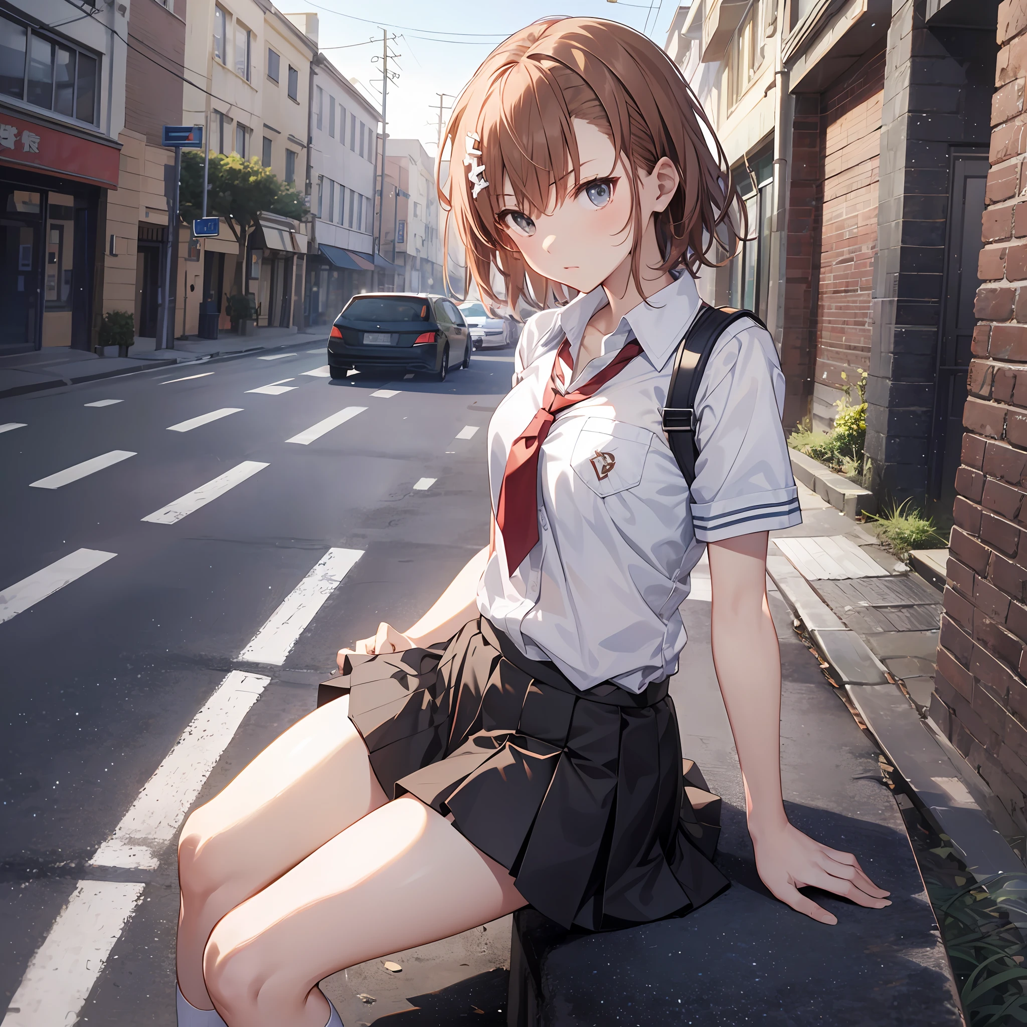 Masterpiece, Best Quality, High Resolution, Misaka Mikoto Beautiful Legs Misaka Mikoto Uniform High School Student Shorts Worn Inside Skirt Super Best Skin White Loose Socks City Road Short Hair Angry