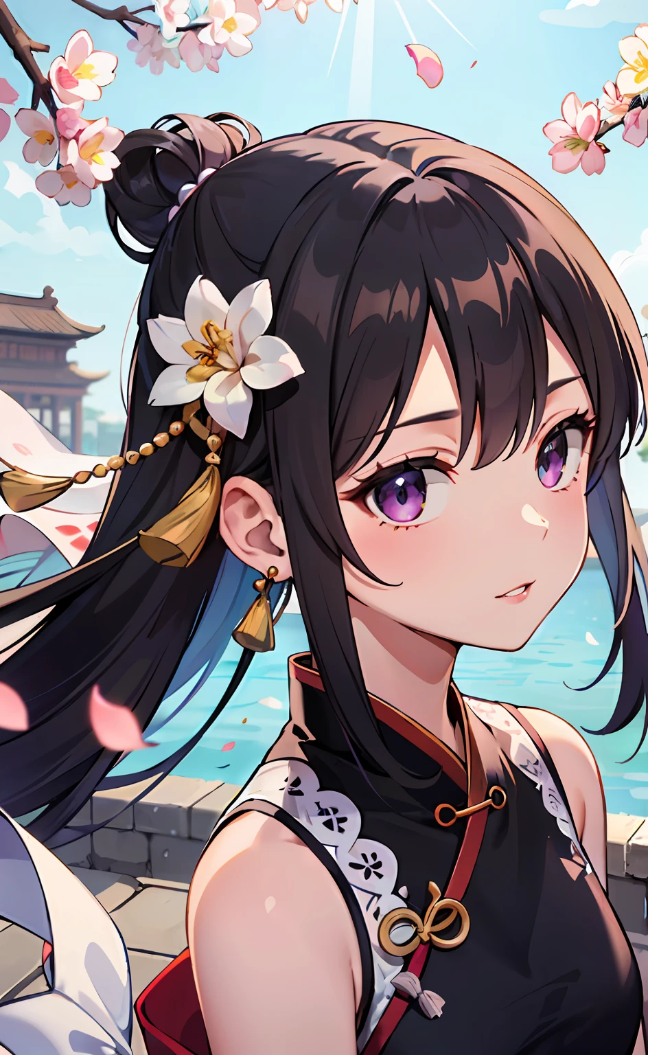 Gentle girl, purple eyes, black hair color, floating hair, delicate and flexible eyes, intricate damask hanfu, gorgeous accessories, wearing pearl earrings, FOV, f/1.8, masterpiece, ancient Chinese architecture, blue sky, flower petals flying, front portrait shot, Chang'e, side light, sunlight shining on people, 8K