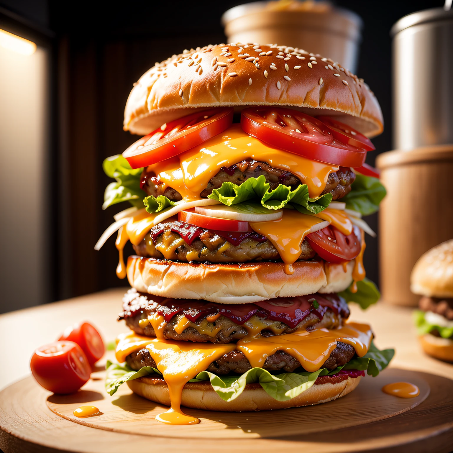 a delicious triple meat burger with bacon and yellow cheese, accompanied with a glass of whiskey on the rocks --auto