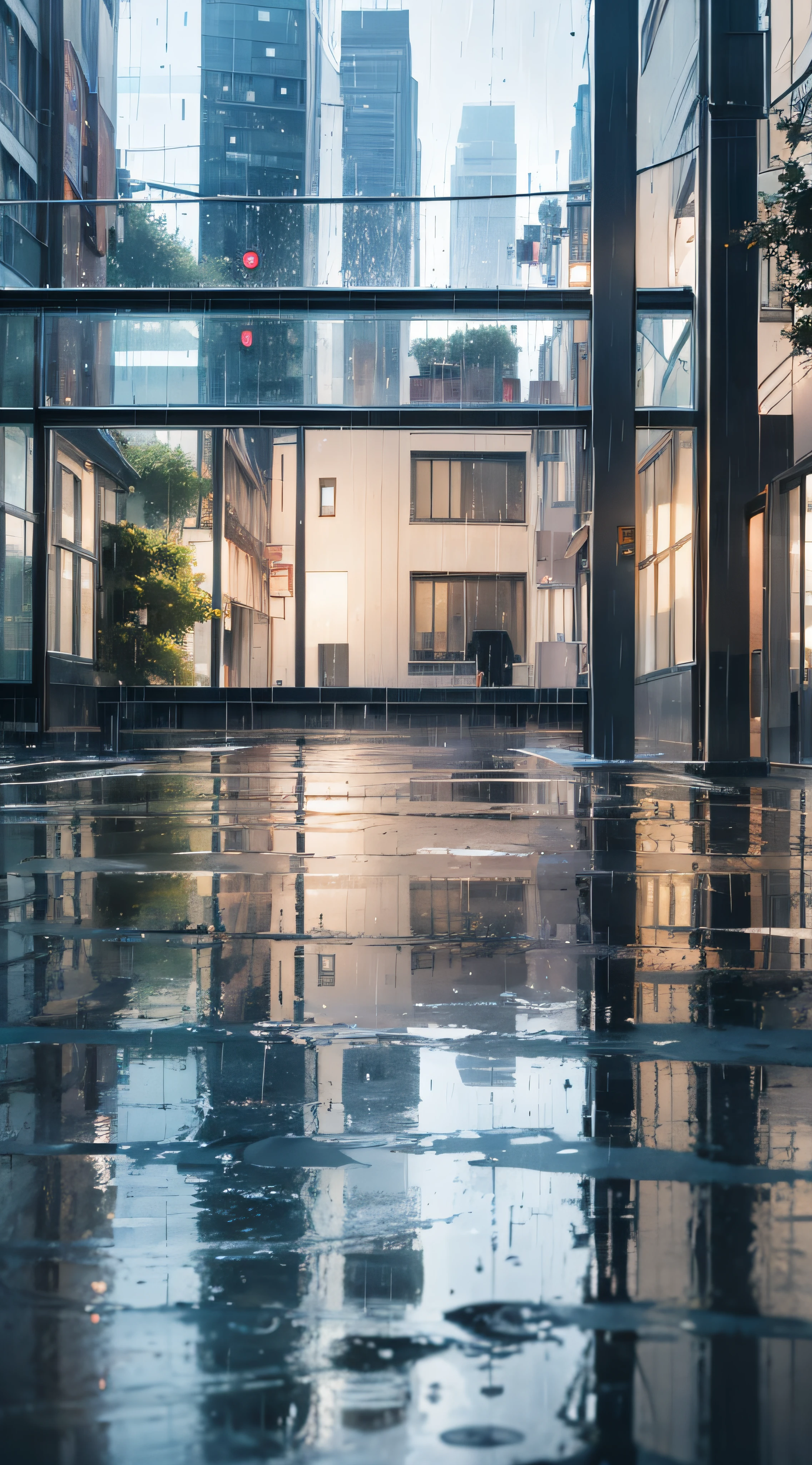 Look up through glass, in the rain, wet reflection, looking up perspective, looking up, looking up, rain reflection in glass species, reflection on wet streets, raindrops, windows (rain), wet rselection, water drops, wet puddle reflection, raindrops, glass rain, rain. Ultra detailed, rain window, rain background, wet surface