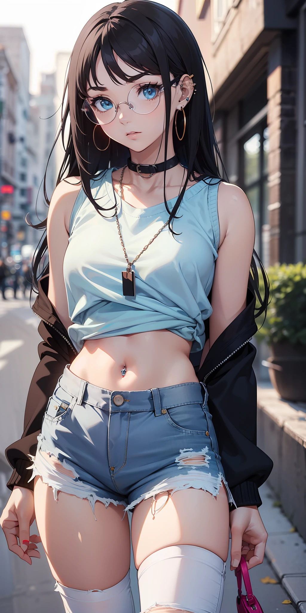 ((masterpiece)), ((best quality)), ((anime profile style)), a 20 year old girl, ((light blue eyes)), ((perfect)), ((round transparent glasses)) , eyebrow, nose, ear, ((ear piercing)), mouth, ((long black hair messing up)), neck, shoulders, arms, ((white sweatshirt)), ((ripped shorts)), ((pants sock )), (neck chain), background scenery