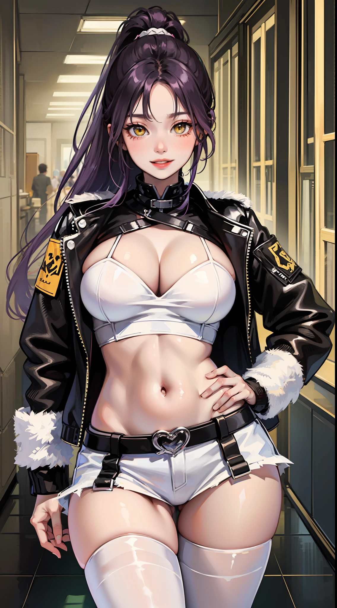 Young black girl, long purple hair, high ponytail, yellow eyes, white leather jacket, open belly, smile, open breasts, masterpiece, high quality