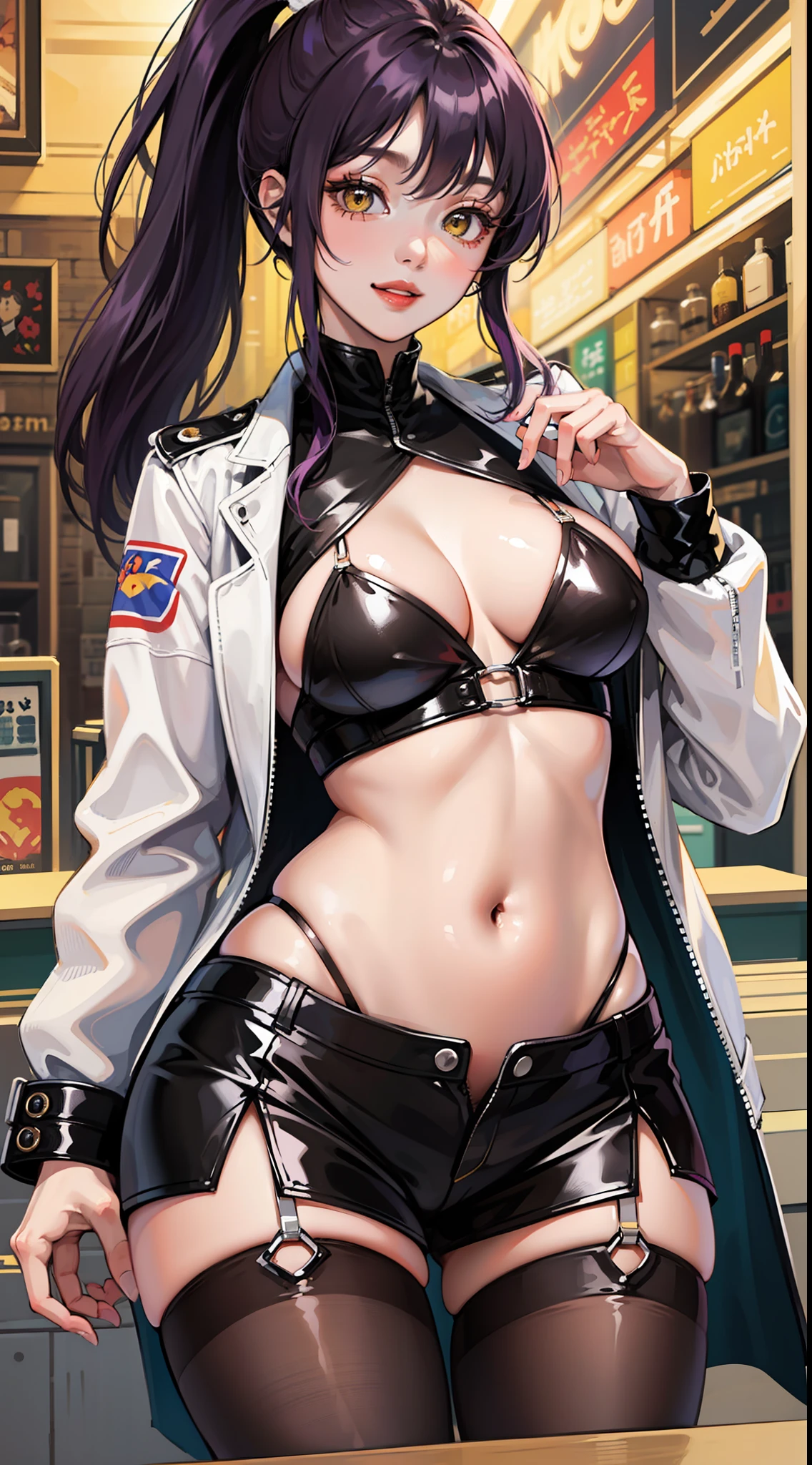 Young black girl, long purple hair, high ponytail, yellow eyes, white leather jacket, open belly, smile, open breasts, masterpiece, high quality