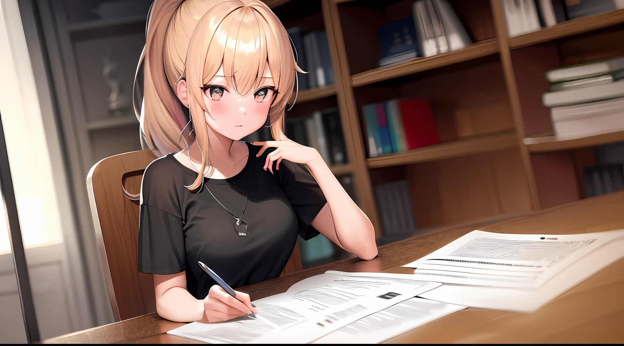 masterpiece, best quality, high resolution, one girl, loose t-shirt, girl sitting on chair studying drafting at desk, horizontal angle, serious study, paperwork, good luck studying, drafting, beauty, cute, ponytail