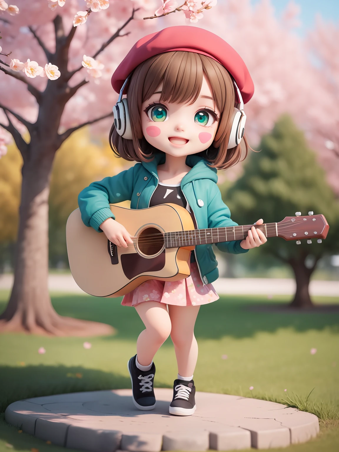(masterpiece),(best quality),(ultra-detailed), (full body:1.2), solid background 1girl,chibi,cute, smile, open mouth, outdoors, playing guitar, music, beret, holding guitar, jacket, blush, tree, :3, shirt, short hair, cherry blossoms, green headwear, blurry, brown hair, blush stickers, long sleeves, bangs, headphones, black hair, pink flower, (beautiful detailed face), (beautiful detailed eyes),
