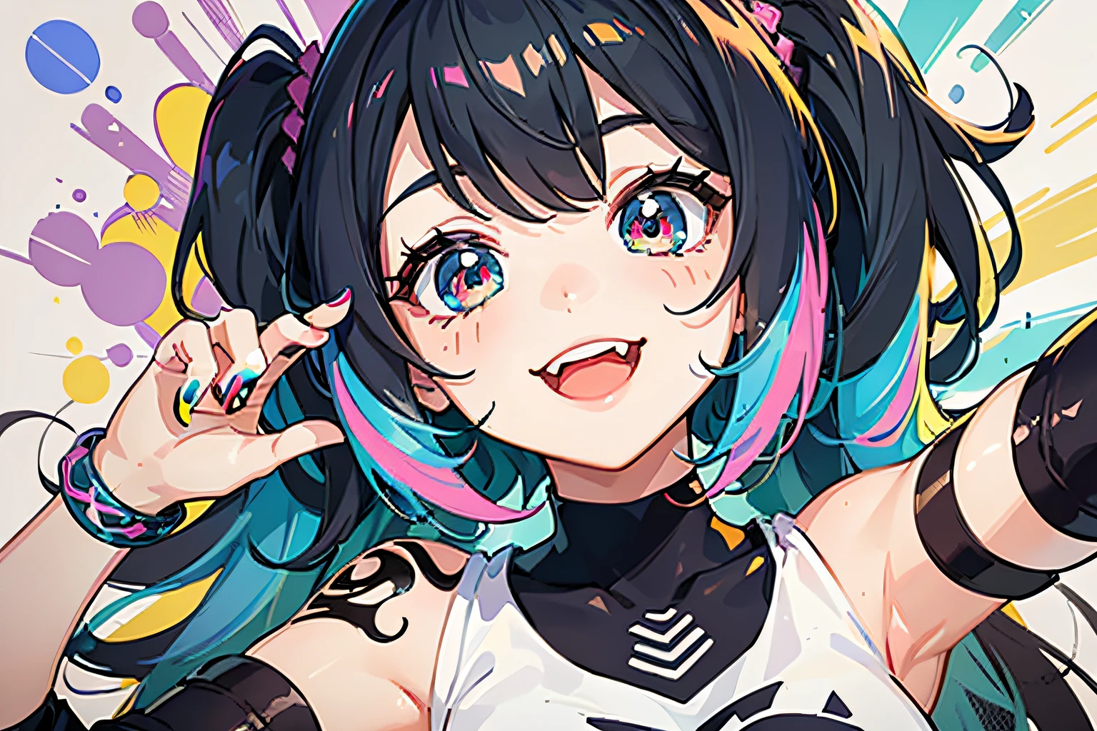 1 girl,,(Cartoon style:1.4),Bright smile,Active pose,Cute, colorful hair, big eyes, (3 or more colorful ink design backgrounds:1.3)