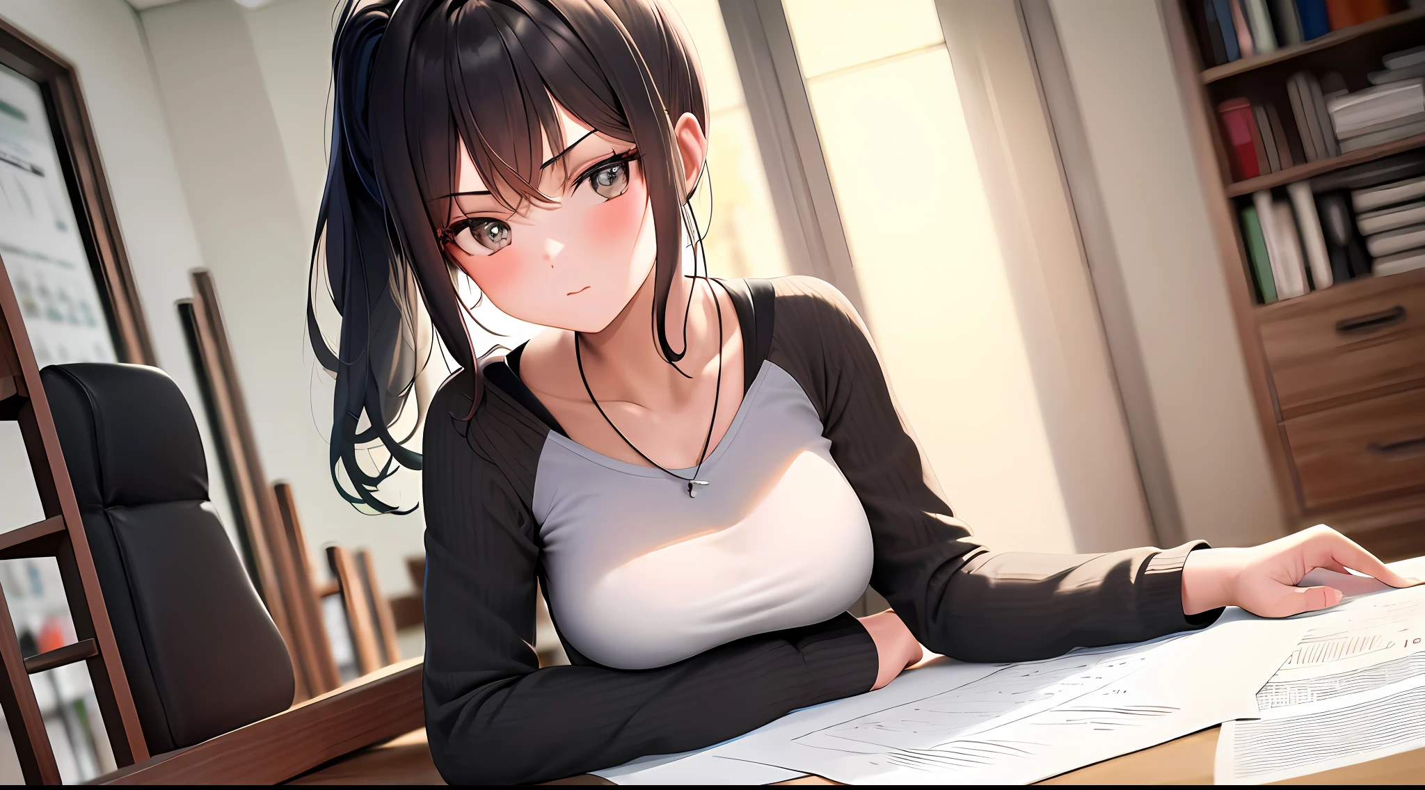 masterpiece, best quality, high resolution, one girl, loose t-shirt, girl sitting on chair studying drafting at desk, horizontal angle, serious study, paperwork, good luck studying, drafting, beauty, cute, ponytail