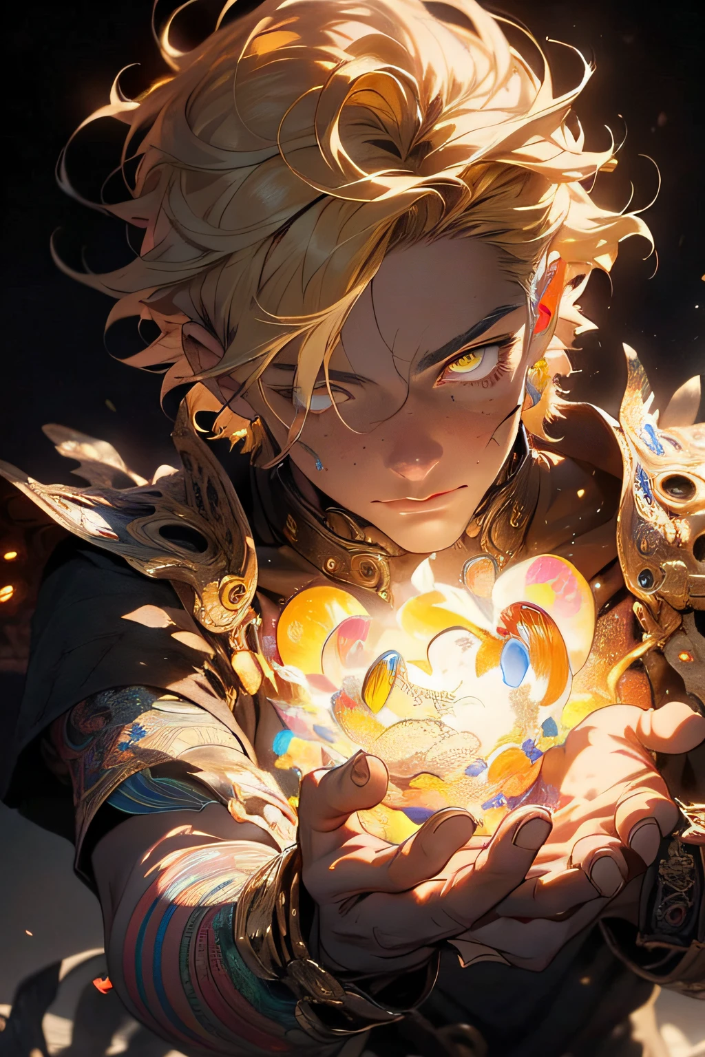 Realistic, (Masterpiece, Superior Quality, Best Quality, Official Art, Beauty and Aesthetics: 1.2), Very Detailed, Fractal Art, Colorful, More Detailed, Zentangle, (Abstract Background: 1.5) (1adult: 1.5), God, Golden Hair, Short Hair, (Bright Yellow Eyes), Mysterious, (Magic), Ice, Beautiful Man, European Style