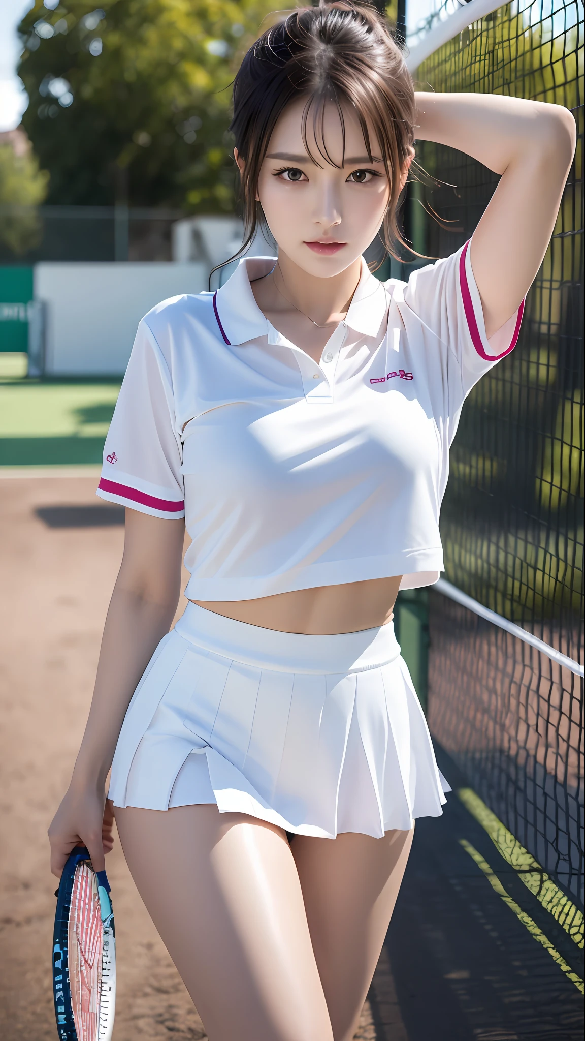 1 girl, solo, white polo shirt, white sneakers, pink tennis wear: 1.3, white mini skirt, masterpiece, top quality, realistic, hyper detail, (glossy skin, sweaty: 1.4), absurdity, camera gaze, short black hair, brown eyes, slender, dynamic lighting, high resolution, sharp focus, depth of field, detailed eyes, sharp eyes, realistic eyes, (big: 1.2), (Thick Thighs: 1.0), Outdoor, Sky, Korean Idol, Nogizaka Idol, Gravure Idol, Actress,