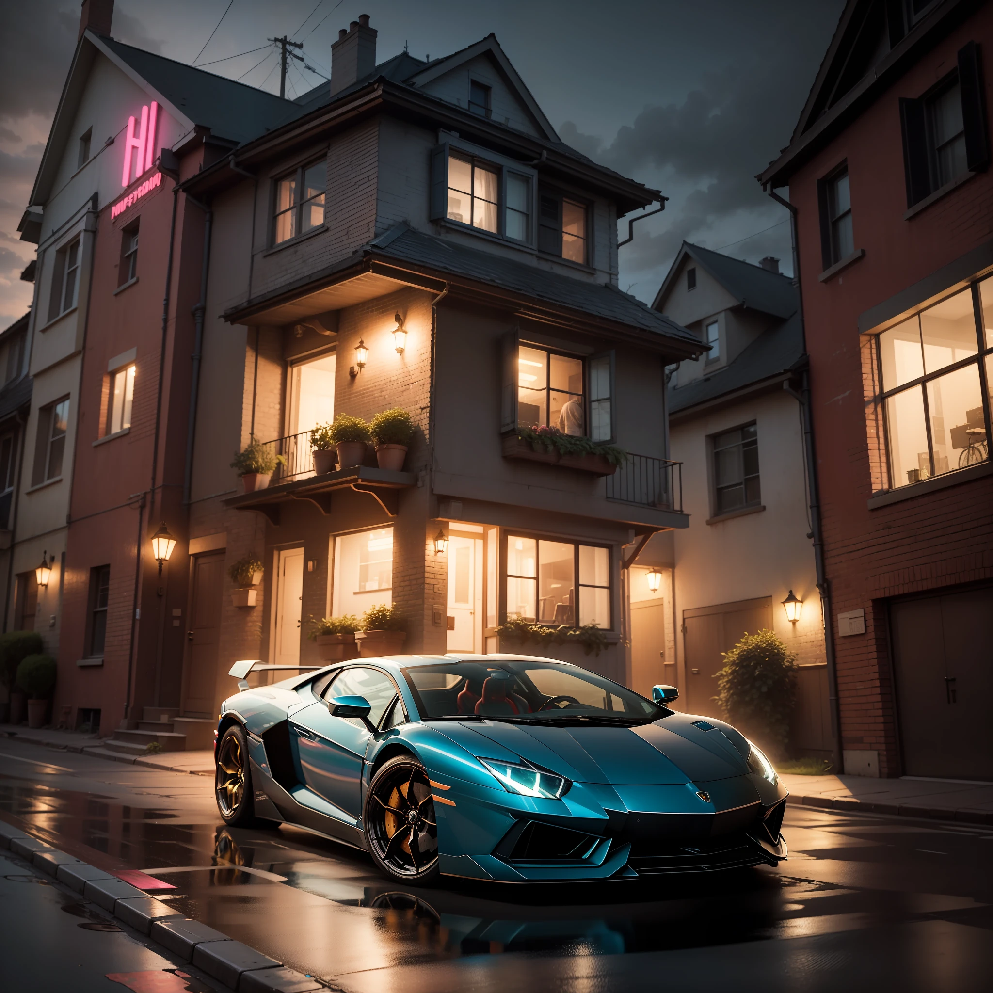 A syberpunk house;neon lights on house;a Lamborghini Aventador outside the house;8k ;hyper realistic