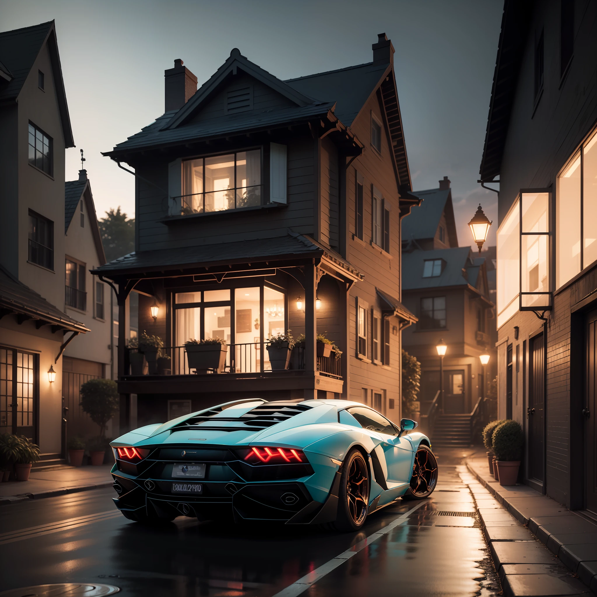 A syberpunk house;neon lights on house;a Lamborghini Aventador outside the house;8k ;hyper realistic