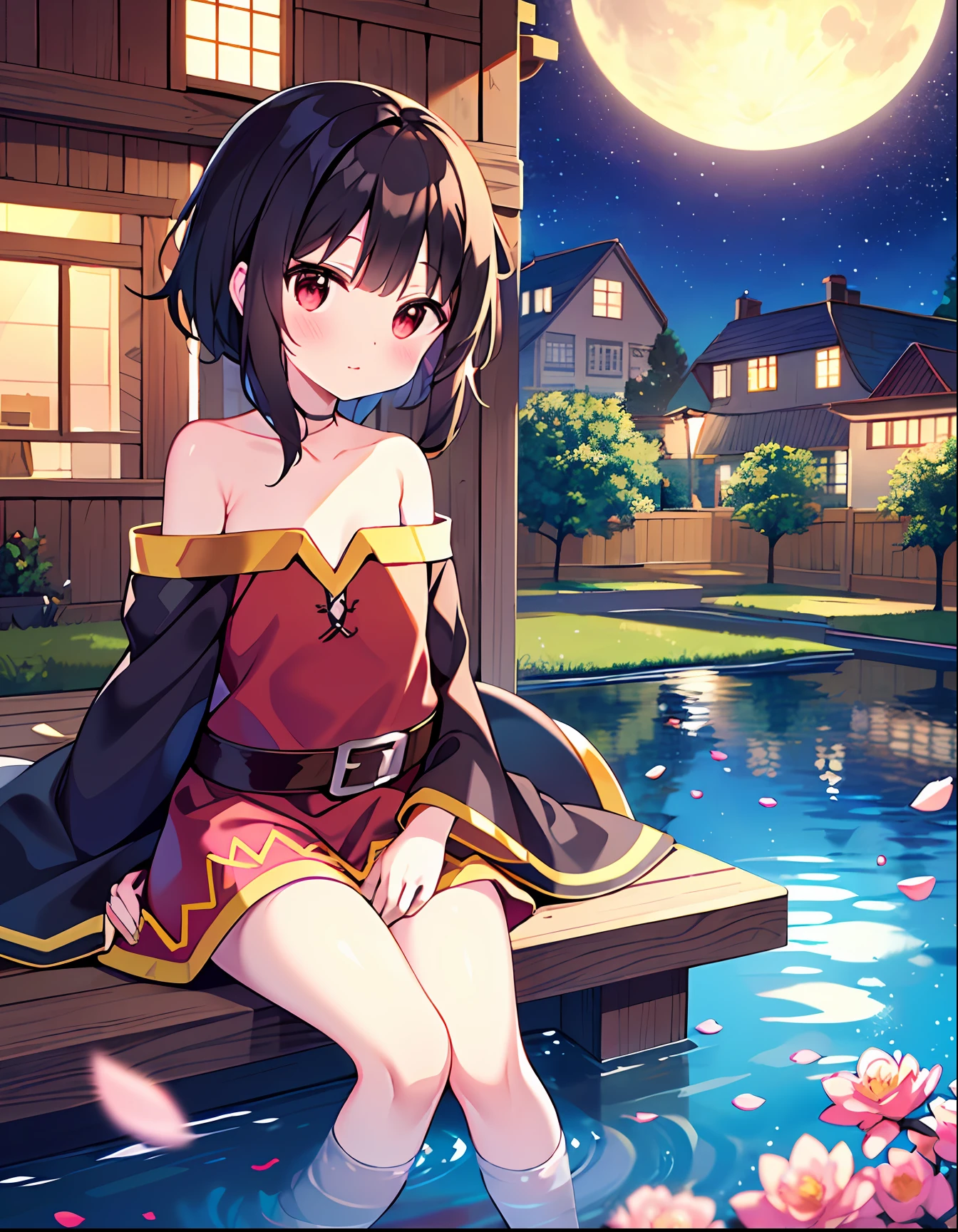 (sitting), small, (bow), (black hair), (short hair), (red eyes), stars in the eyes, hair ornament, (blush), bangs, (a menina_megumin_konosuba in[(evening dress):(((no socks))):0.4]: 1.2), (bare shoulder), collarbone, (white thighs: 1.2), ruffled sleeves, looking at the viewer,[(night: 1.2),peaceful,sky,((full moon)),stars,(in a courtyard),house,drop of water,pond, (near the pond),tree, flower request, wind: : 0.6], (light refraction lridescent), (floating pink petals: 1.2), (fairy butterfly), dreamer