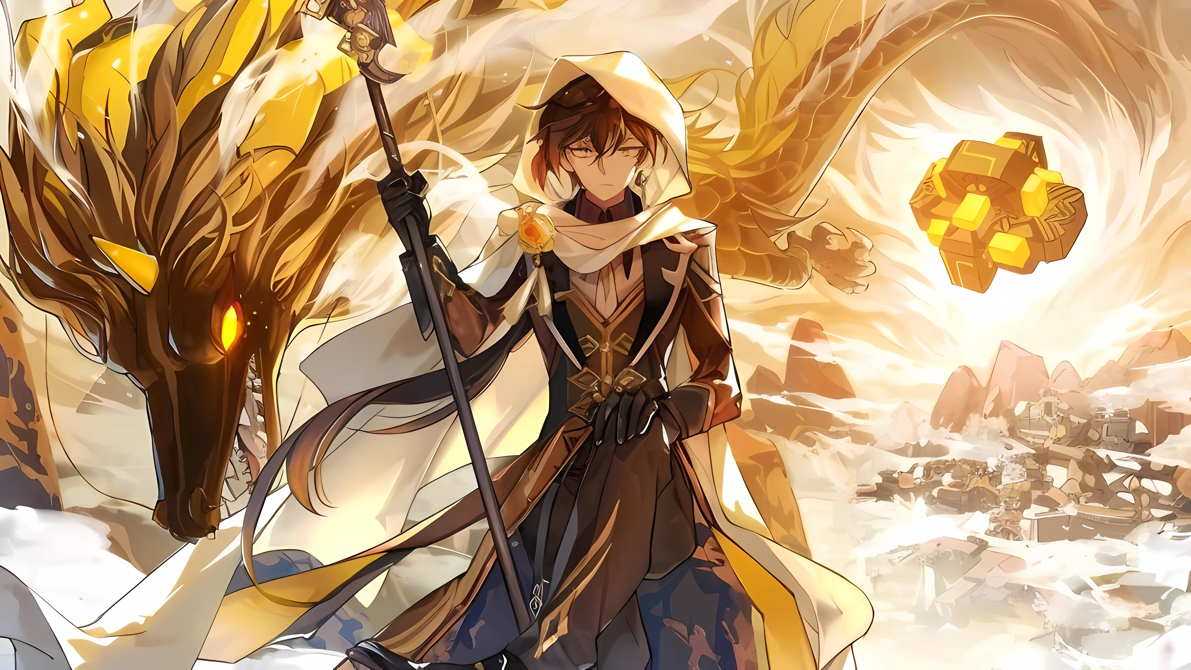anime, a man in a long coat holding a sword and a lantern, keqing from genshin impact, gold and white cloak, zhongli from genshin impact, by Yang J, epic anime fantasy, isekai, gold paladin, popular isekai anime, genshin, anime fantasy illustration, anime in fantasy style, genshin impact character --auto